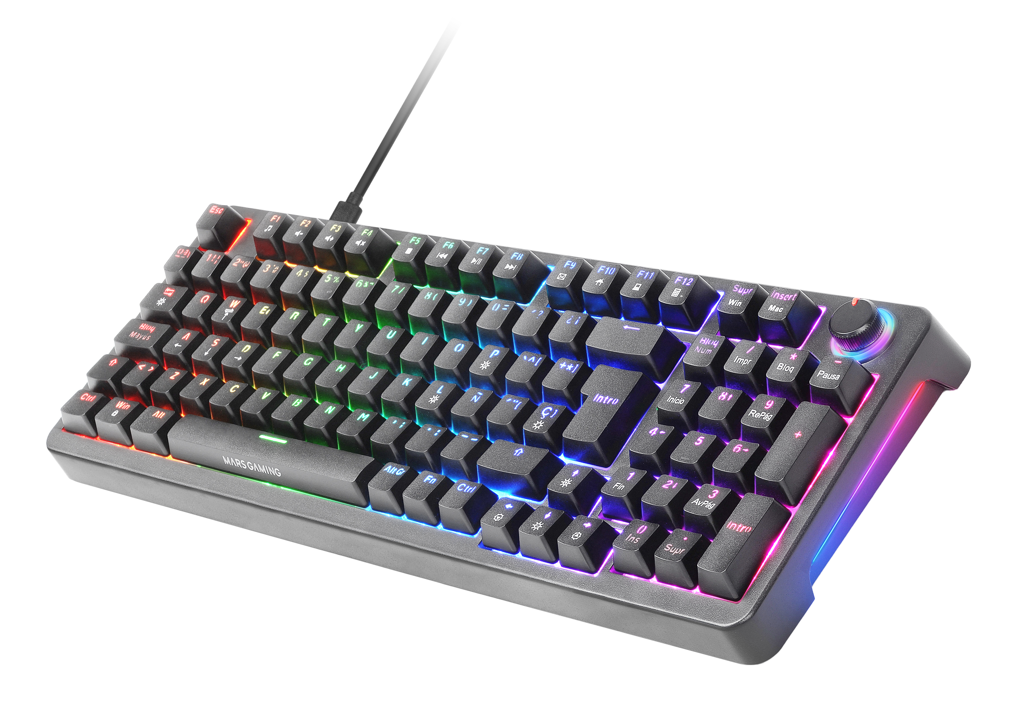 Una tastiera da gioco colorata con tasti retroilluminati arcobaleno e una manopola per il controllo del volume.