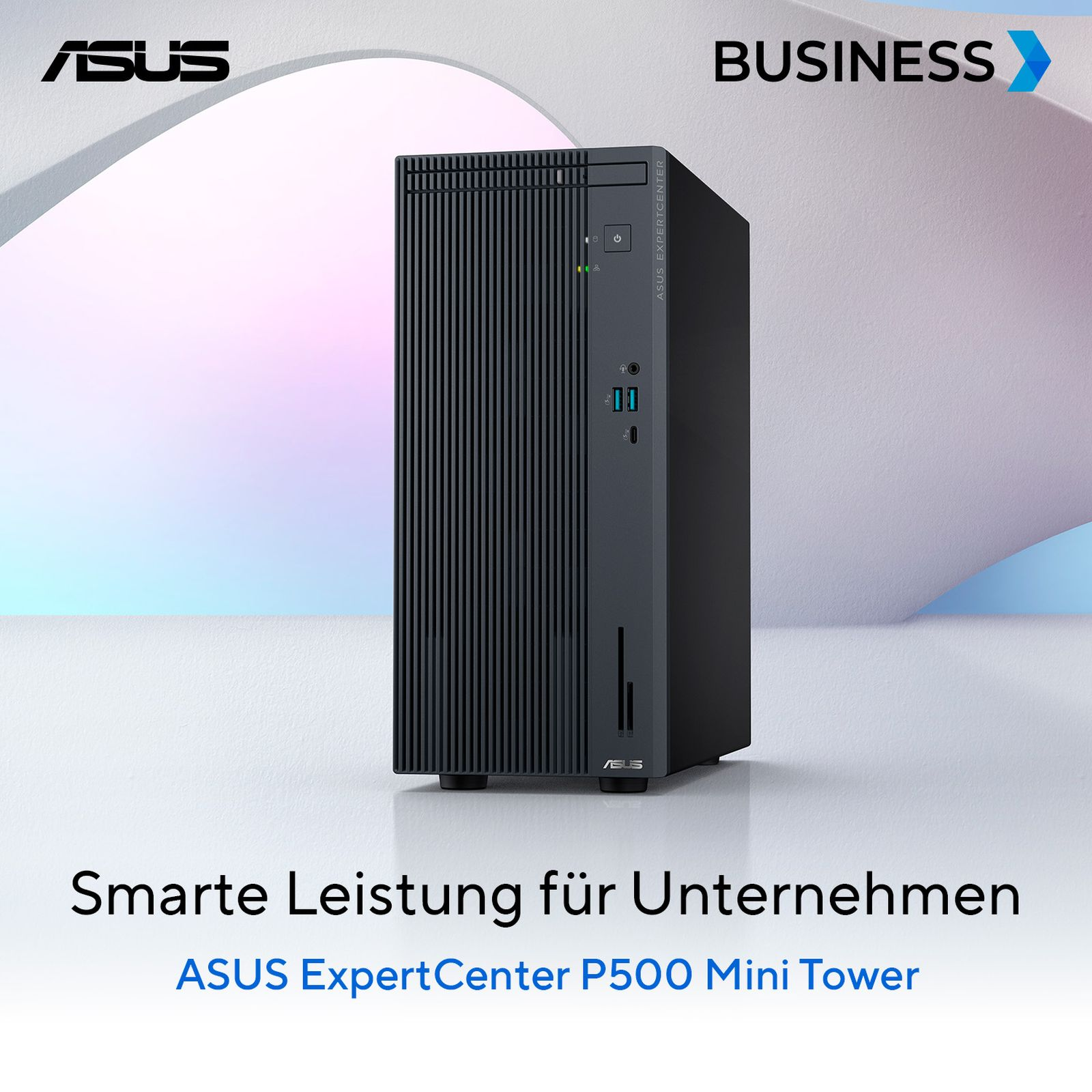 Czarna obudowa komputera ASUS z tekstem ASUS ExpertCenter P500 Mini Tower, logo biznesowe.