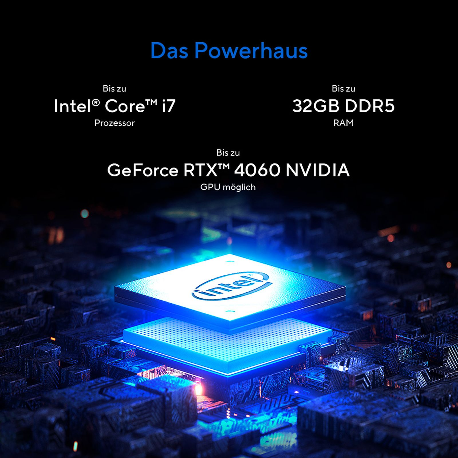 Obraz pokazujący komponenty komputera, w tym procesor Intel i kartę graficzną Nvidia.