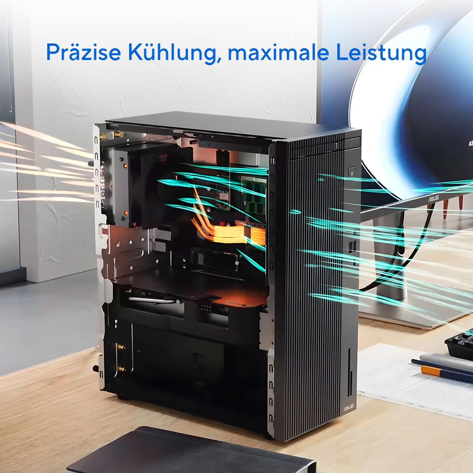 Obudowa komputera z otwartym panelem bocznym, pokazująca wewnętrzne komponenty i przepływ powietrza.