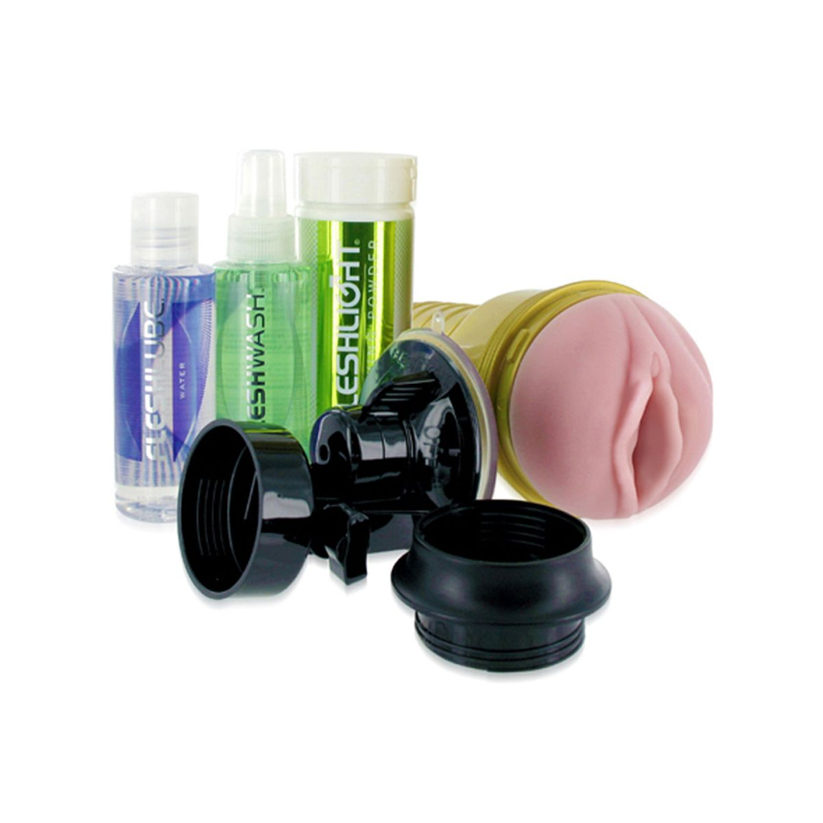 Variedad de juguetes sexuales y lubricantes. Incluye botellas, un dispositivo de succión y un juguete.