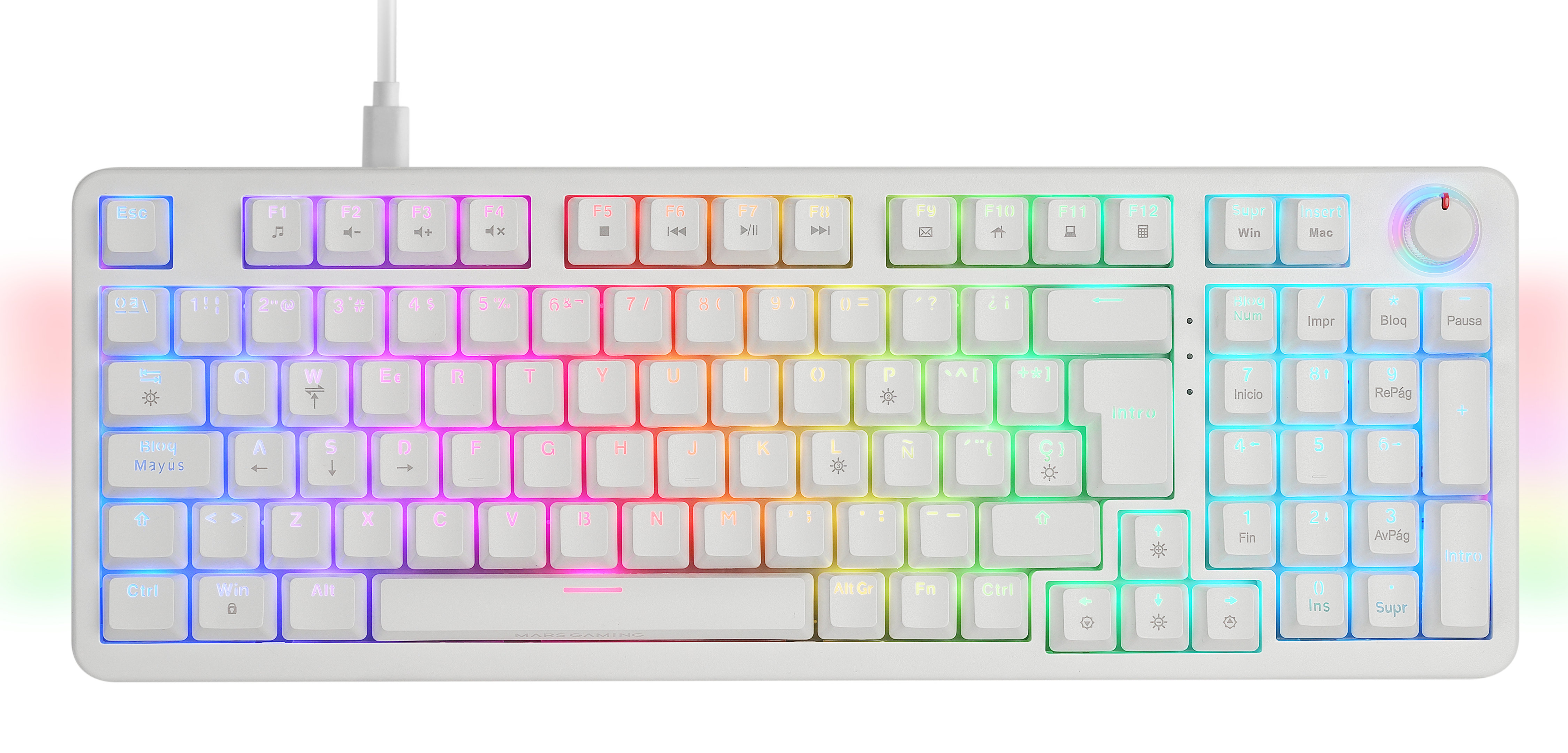 Weiße mechanische Tastatur mit bunten beleuchteten Tasten und einem Lautstärkeregler auf der rechten Seite.
