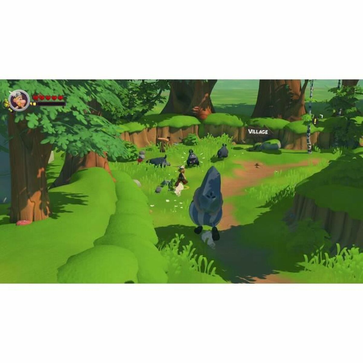 Scena z gry wideo z postacią z kreskówki w otoczeniu wioski. Widoczna jest zielona trawa i drzewa.