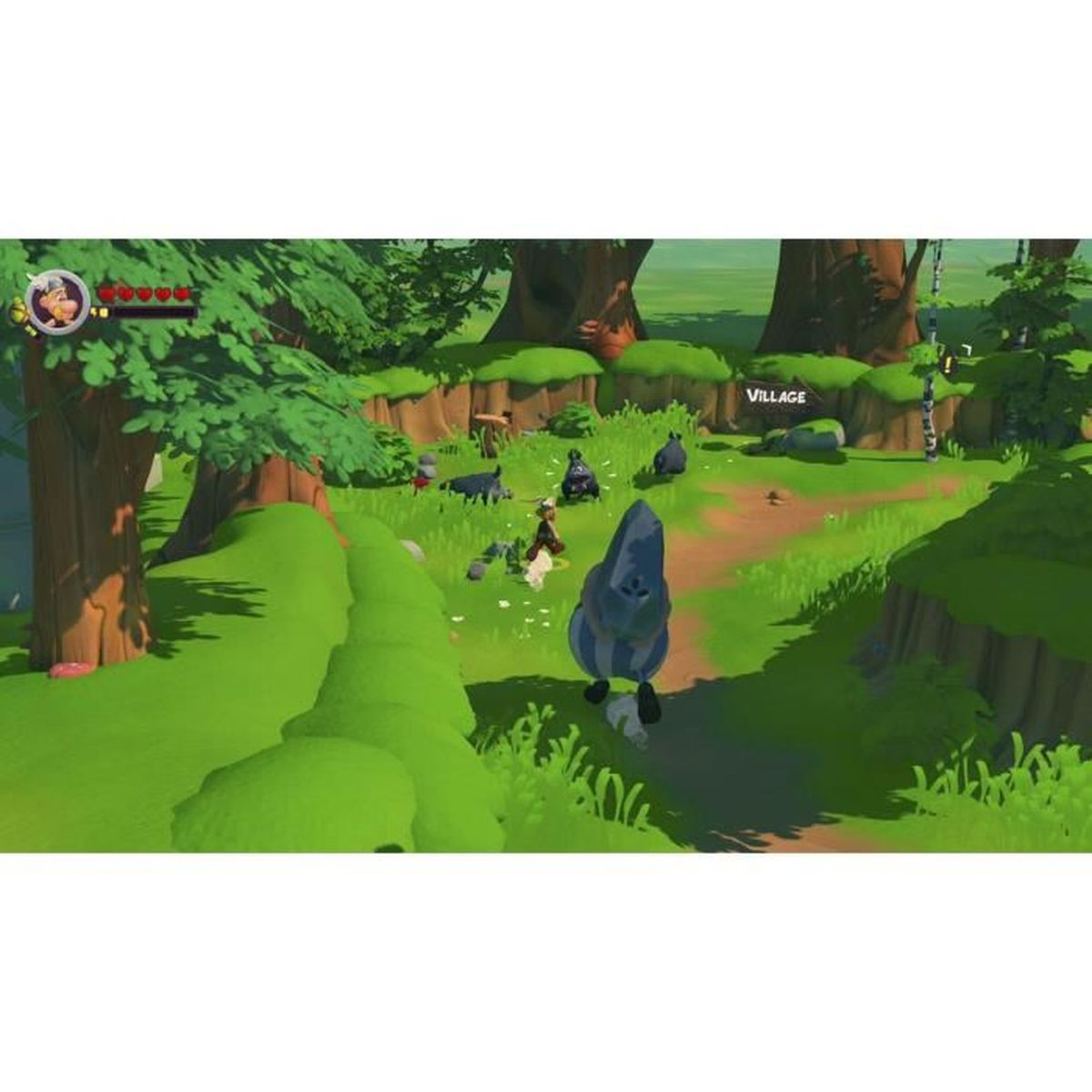 Scena z gry wideo z postacią z kreskówki w otoczeniu wioski. Widoczna jest zielona trawa i drzewa.