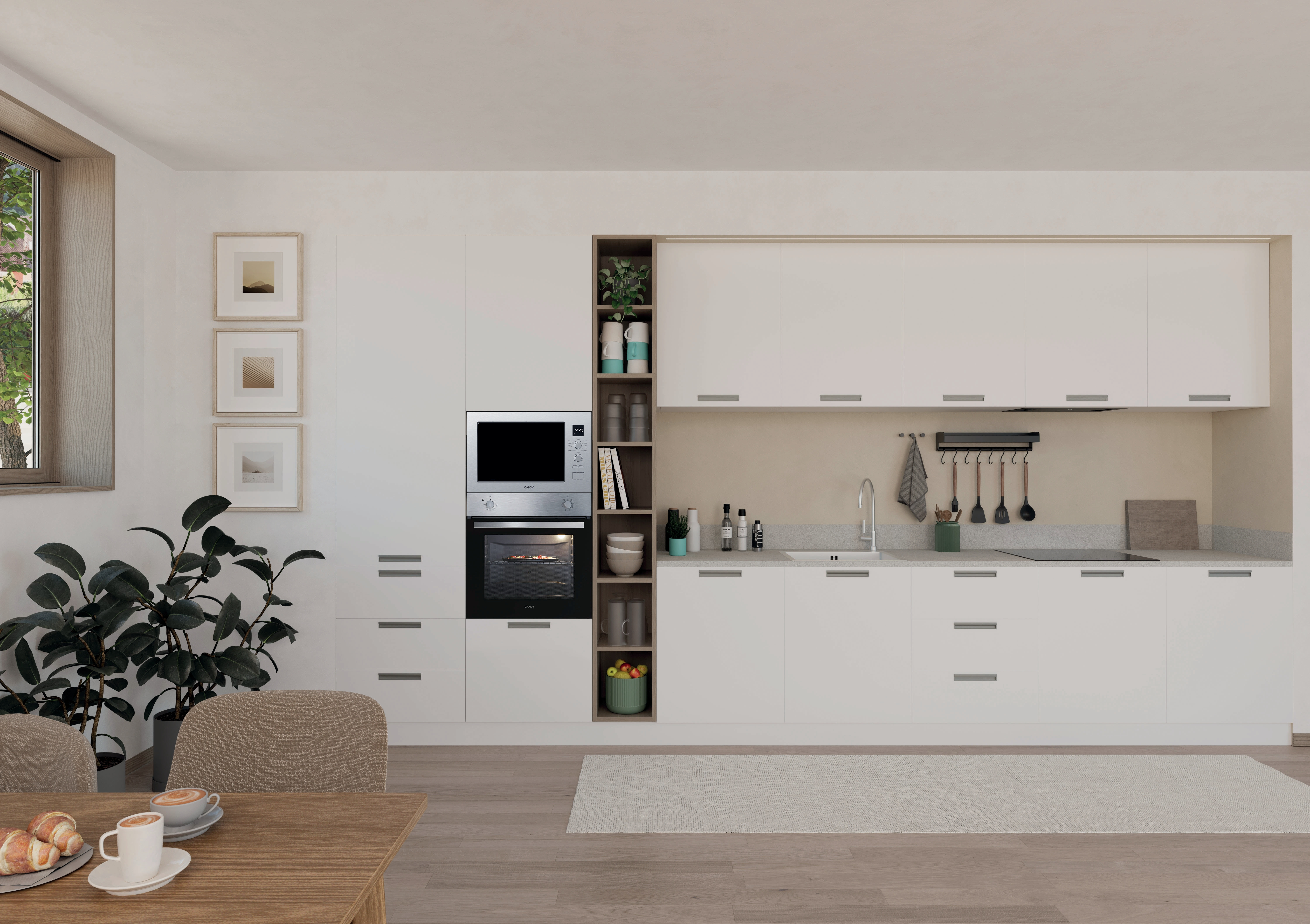 Moderne keuken met witte kasten, oven en houten vloer. Inclusief eettafel.