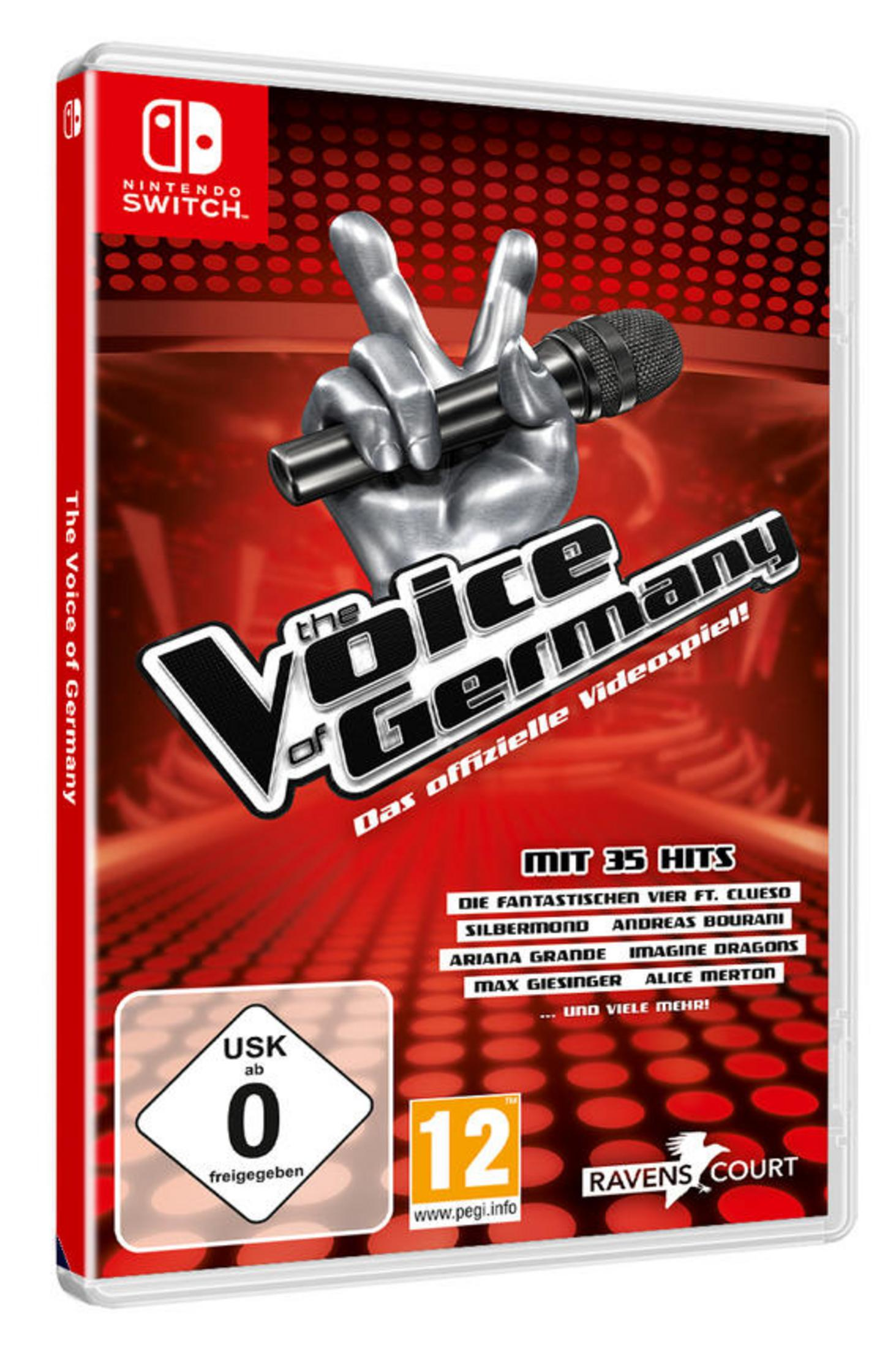 Ein Nintendo Switch Spielcase mit The Voice of Germany Design. Eine Hand hält ein Mikrofon auf rotem Hintergrund.