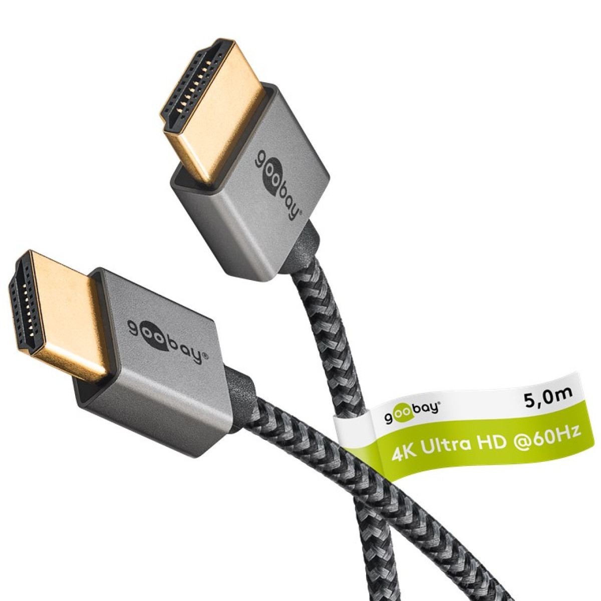 Due cavi HDMI. Sono grigi con connettori dorati e un design intrecciato.