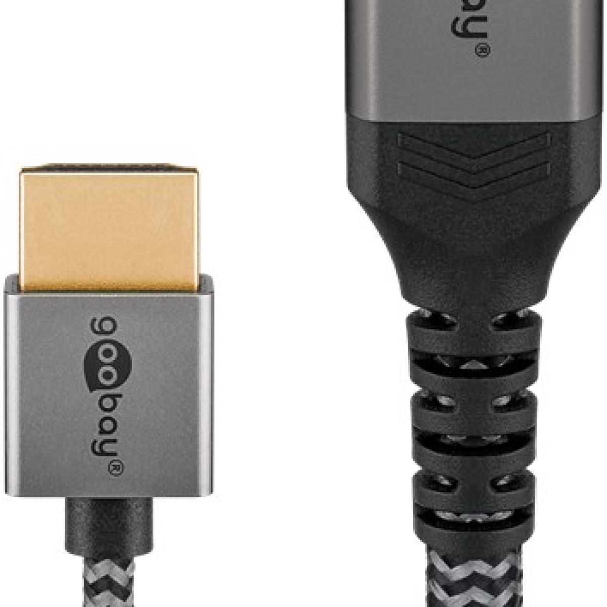 Nahaufnahme eines HDMI-Kabels mit metallischen Anschlüssen. Das Kabel hat ein schwarz-graues geflochtenes Design. Die Stecker sind silber und gold.