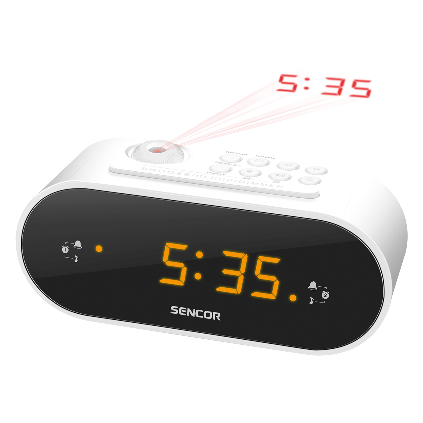 Biały budzik cyfrowy wyświetla 5:35 na pomarańczowo.
