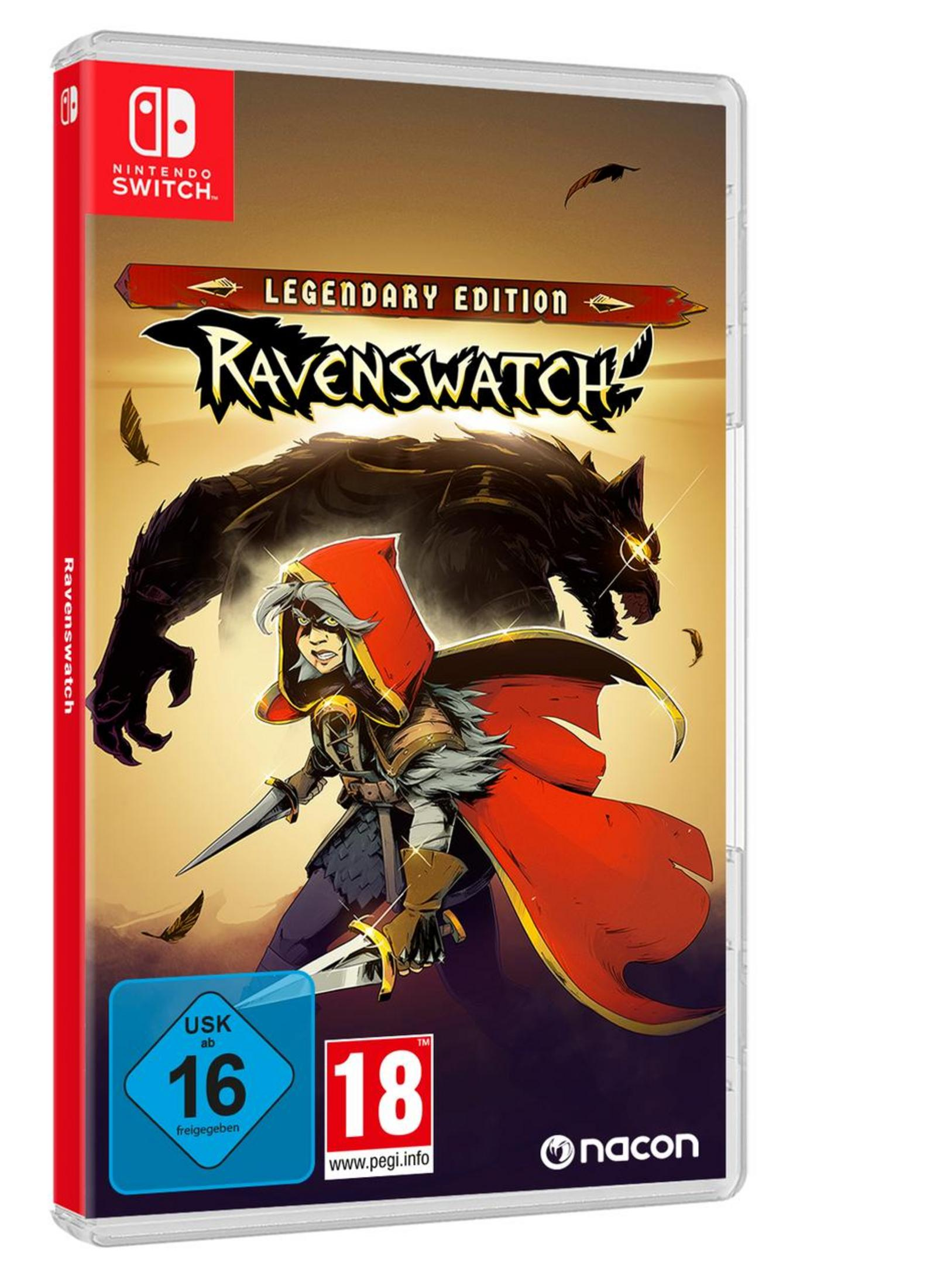 Ein Nintendo Switch Spiel-Case, Ravenswatch Legendary Edition, mit einer Spielfigur auf dem Cover.