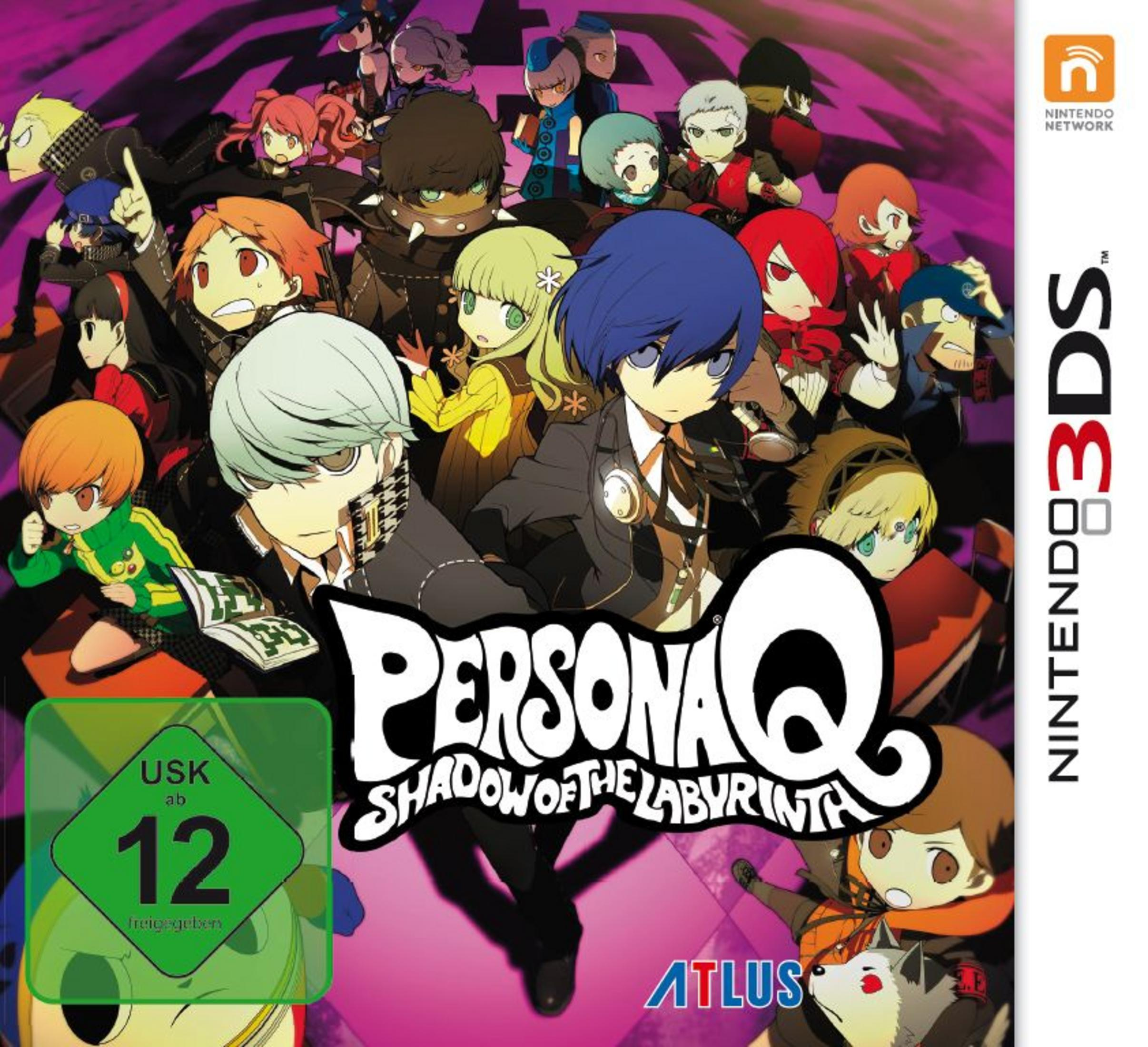 Persona Q-Spielcover. Viele Anime-Charaktere sind darauf abgebildet. Titel 'Persona Q Shadow of the Labyrinth'.