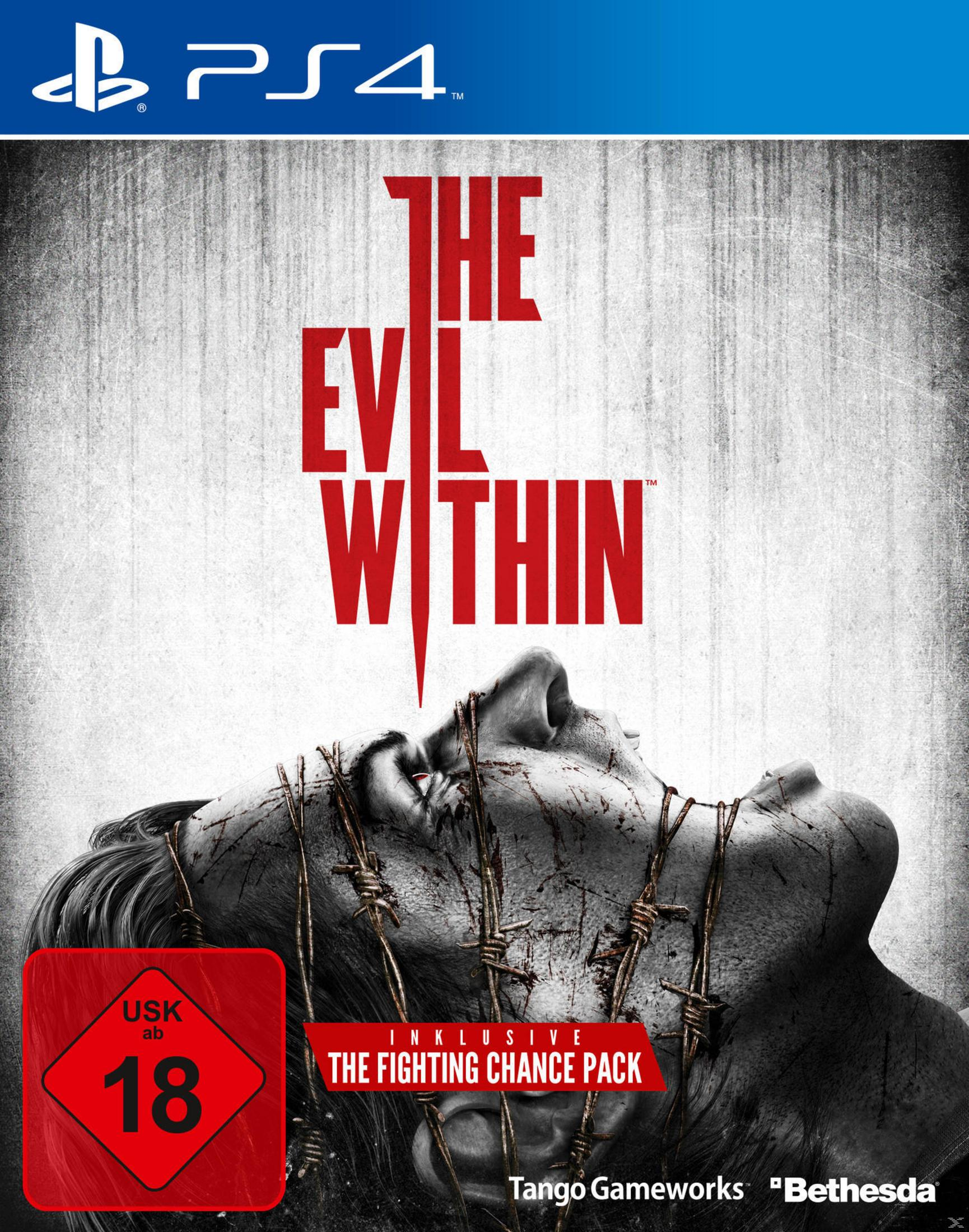 Okładka gry The Evil Within. Twarz z drutem kolczastym. Czerwony tekst na ciemnym tle.