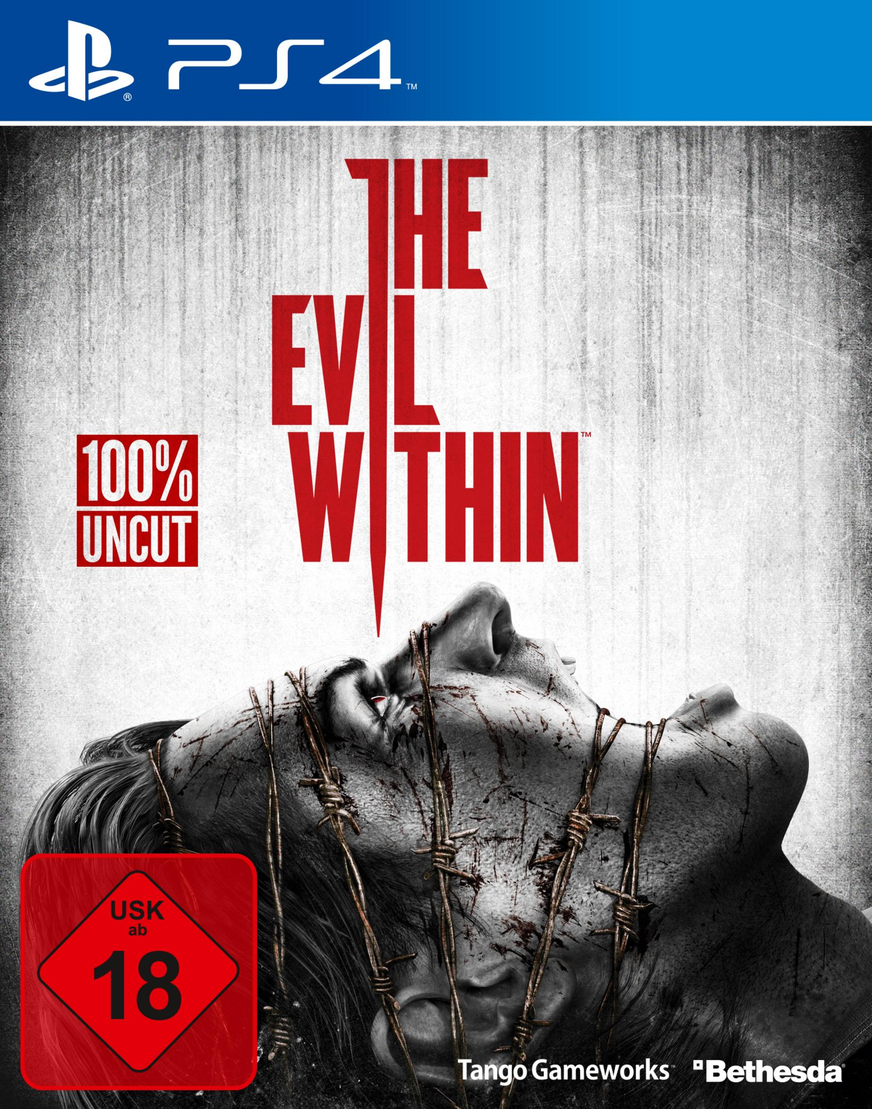 Okładka gry The Evil Within. Twarz owinięta drutem kolczastym, z tytułem i oceną gry.