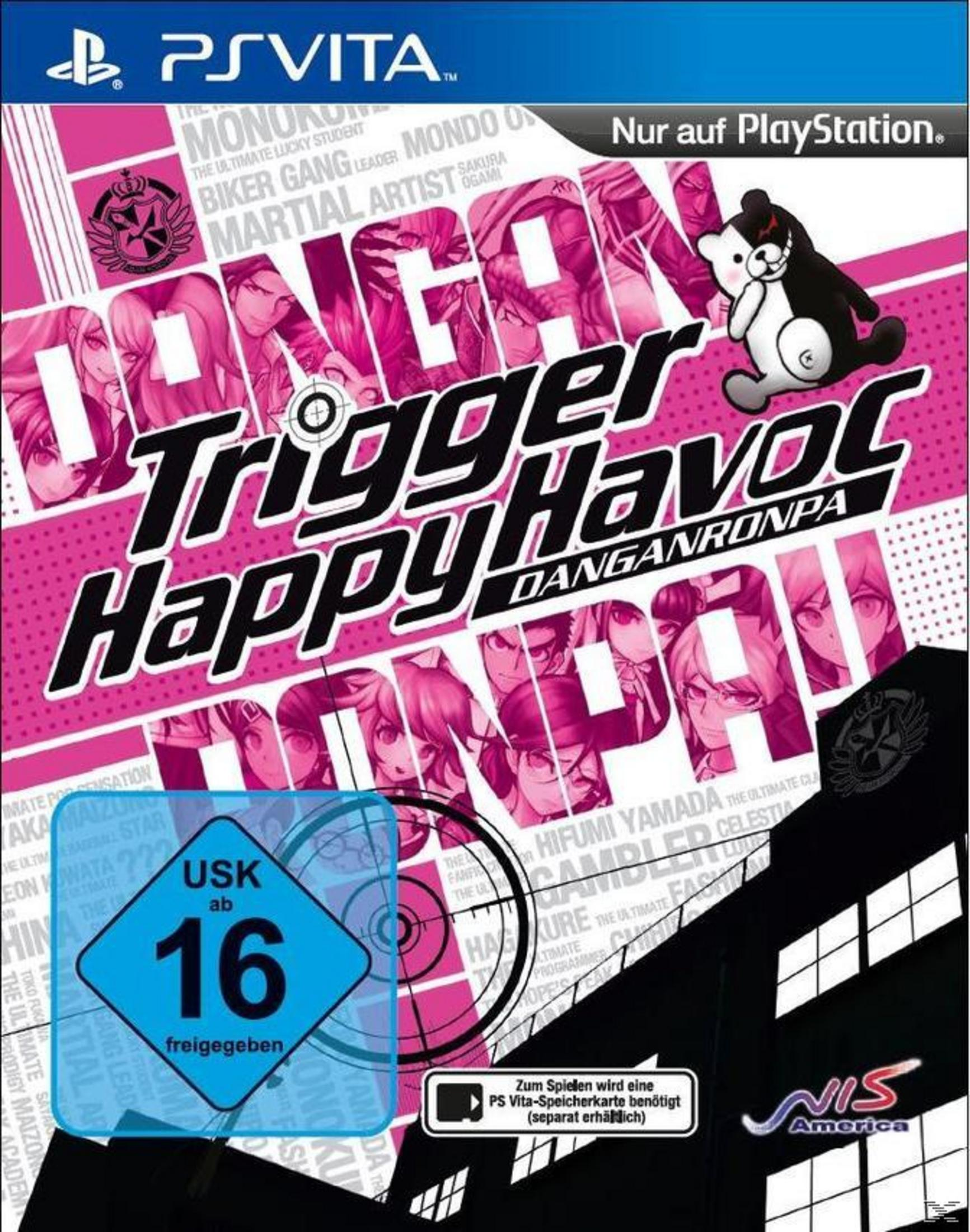 Spiel-Cover: 'Danganronpa'-Titel mit Charakteren. USK 16-Bewertung und Bären-Charakter. NIS America-Logo.