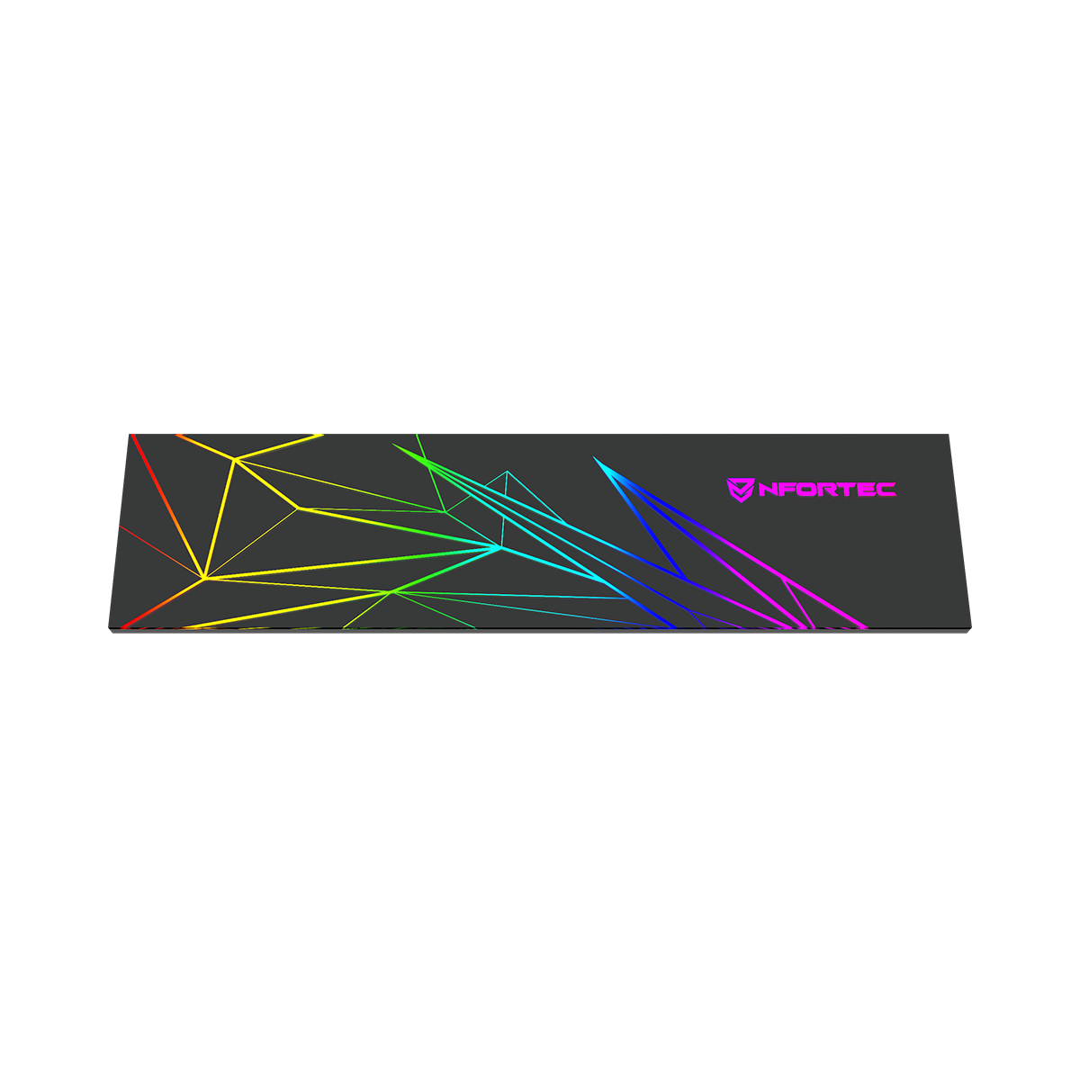 Tappetino per mouse da gaming rettangolare nero con design geometrico colorato e il logo 'NFORTEC'.