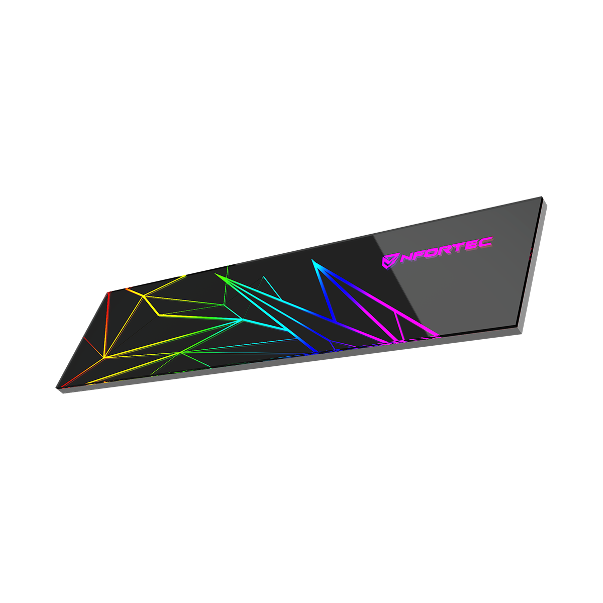 Componente per computer nero con design geometrico colorato, con il marchio 'NFORTEC'.
