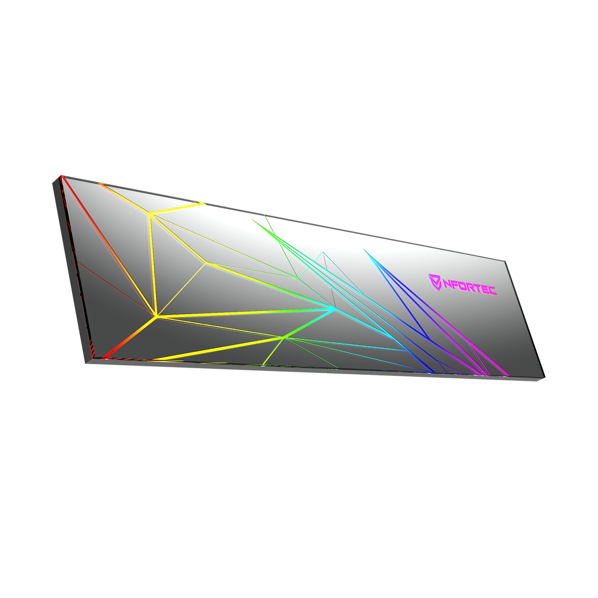 Componente per computer argentato con design geometrico colorato, marchio 'NFORTEC'.
