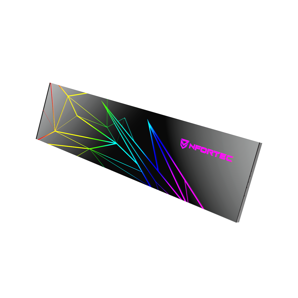Tappetino per mouse rettangolare nero con design geometrico e il logo 'NFORTEC' nell'angolo.