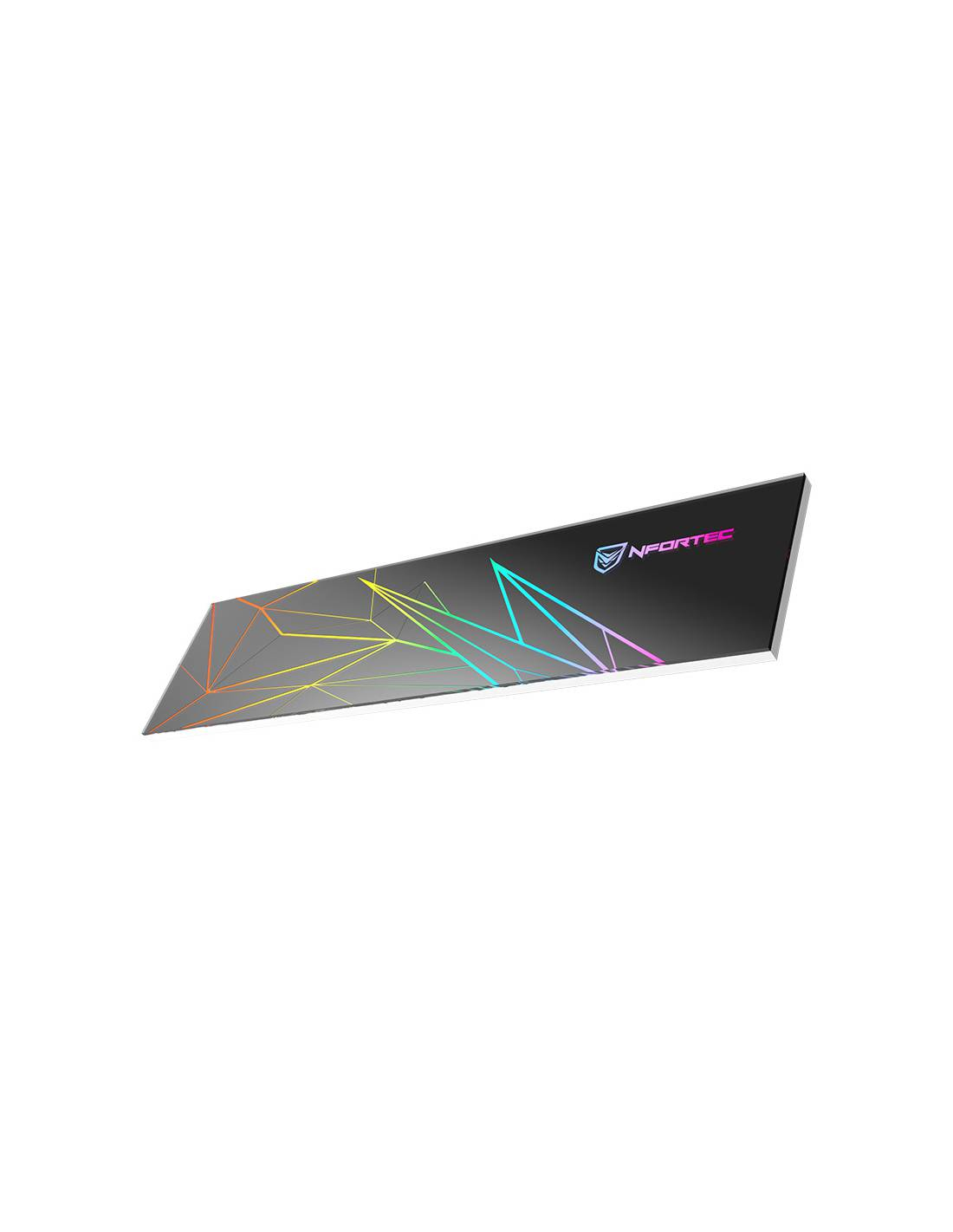 Una striscia LED Nfortec nera e grigia con design geometrici colorati.