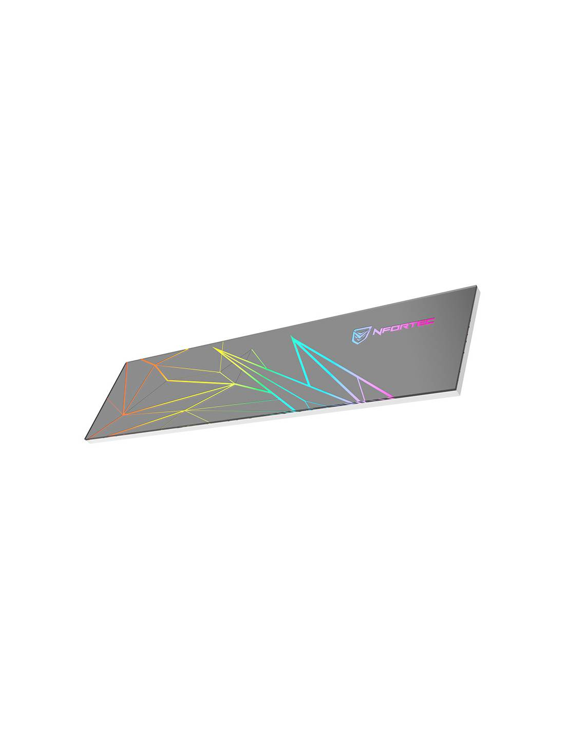 Tappetino per mouse da gaming, nero, con motivi geometrici e logo 'NFORTEC'. Ha un design colorato.