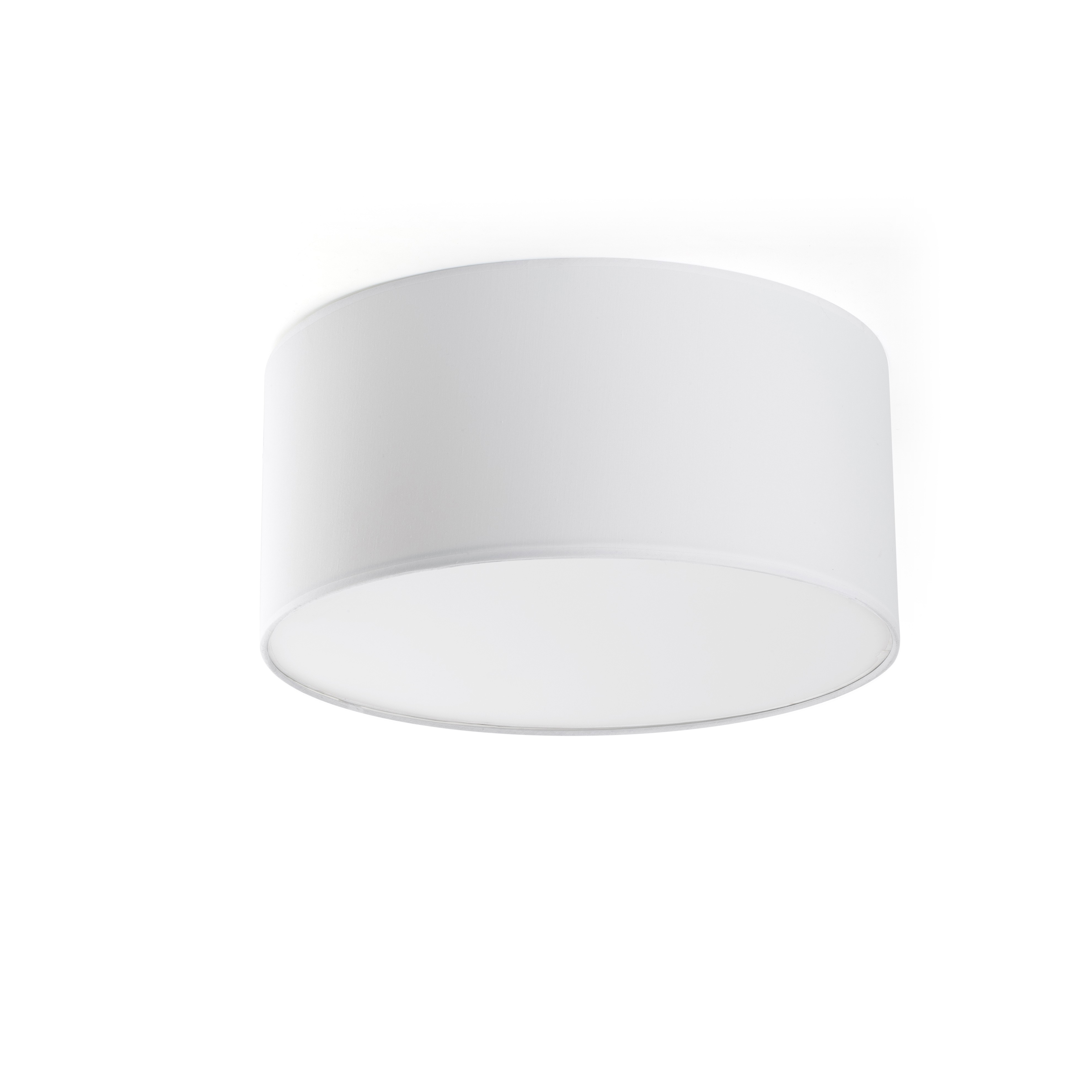 Lampada da soffitto bianca. Paralume cilindrico, aperto in basso, sfondo bianco.