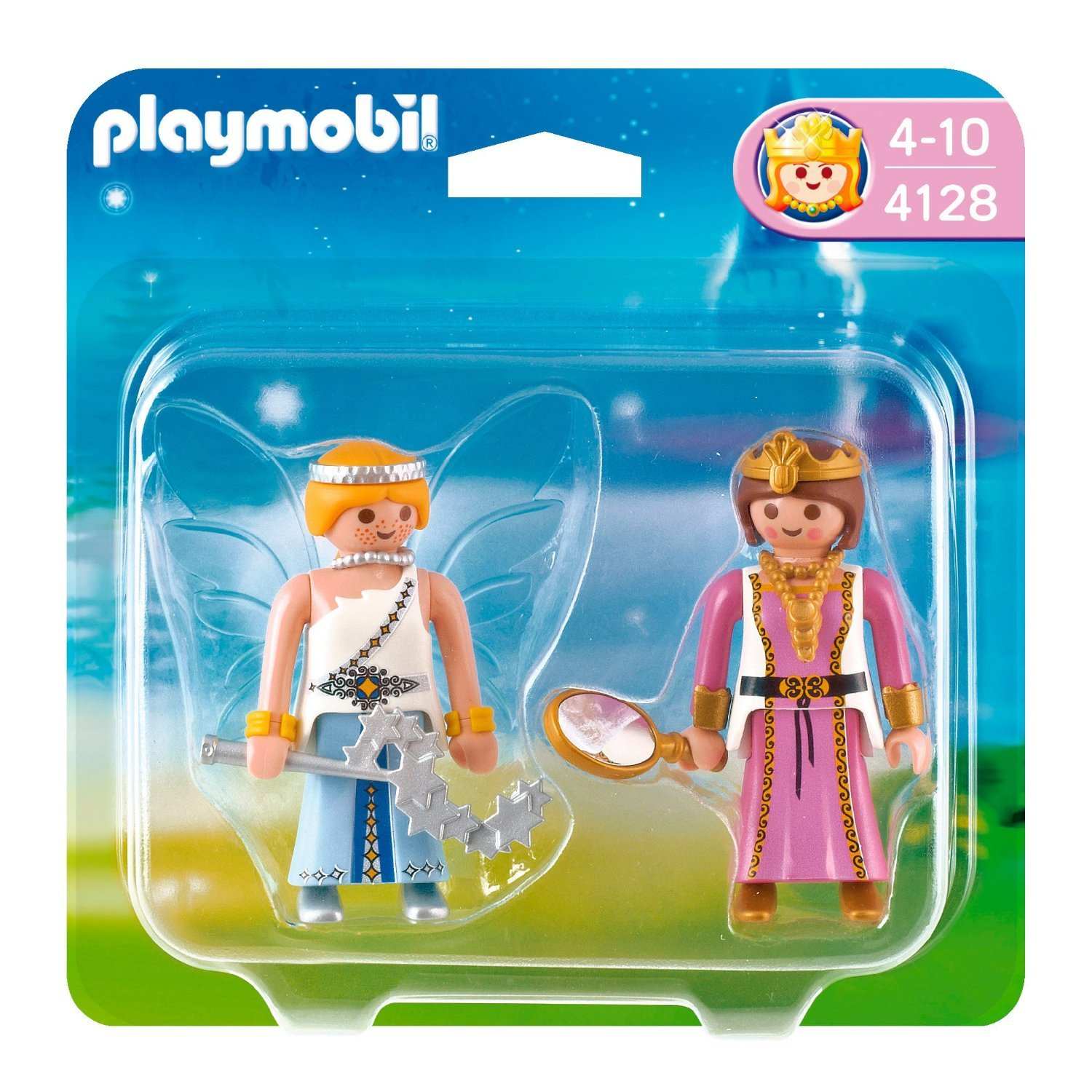 Set Playmobil: due figure, una fata con le ali e una principessa, in una confezione di plastica.
