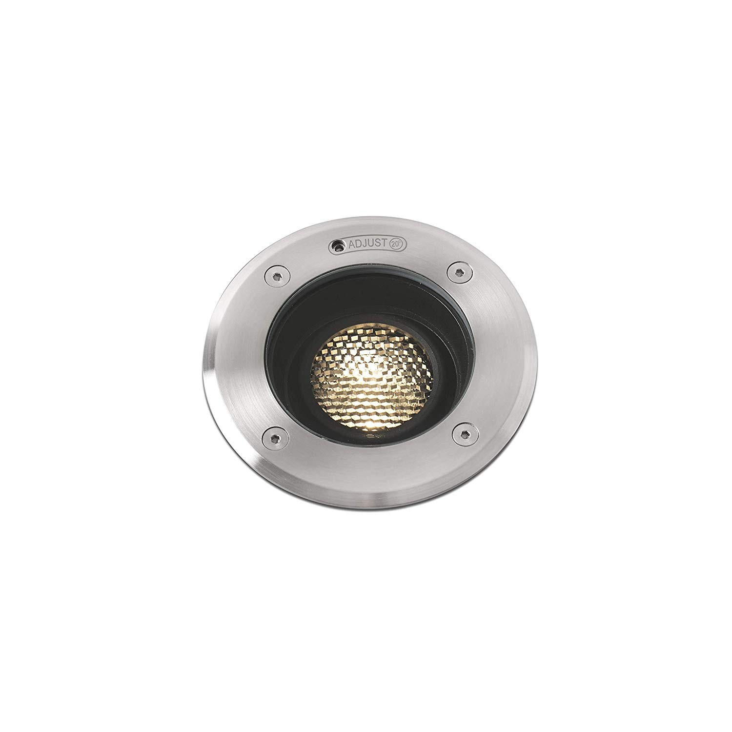 Un apparecchio di illuminazione a incasso circolare e argentato con una lampadina all'interno, su sfondo bianco.