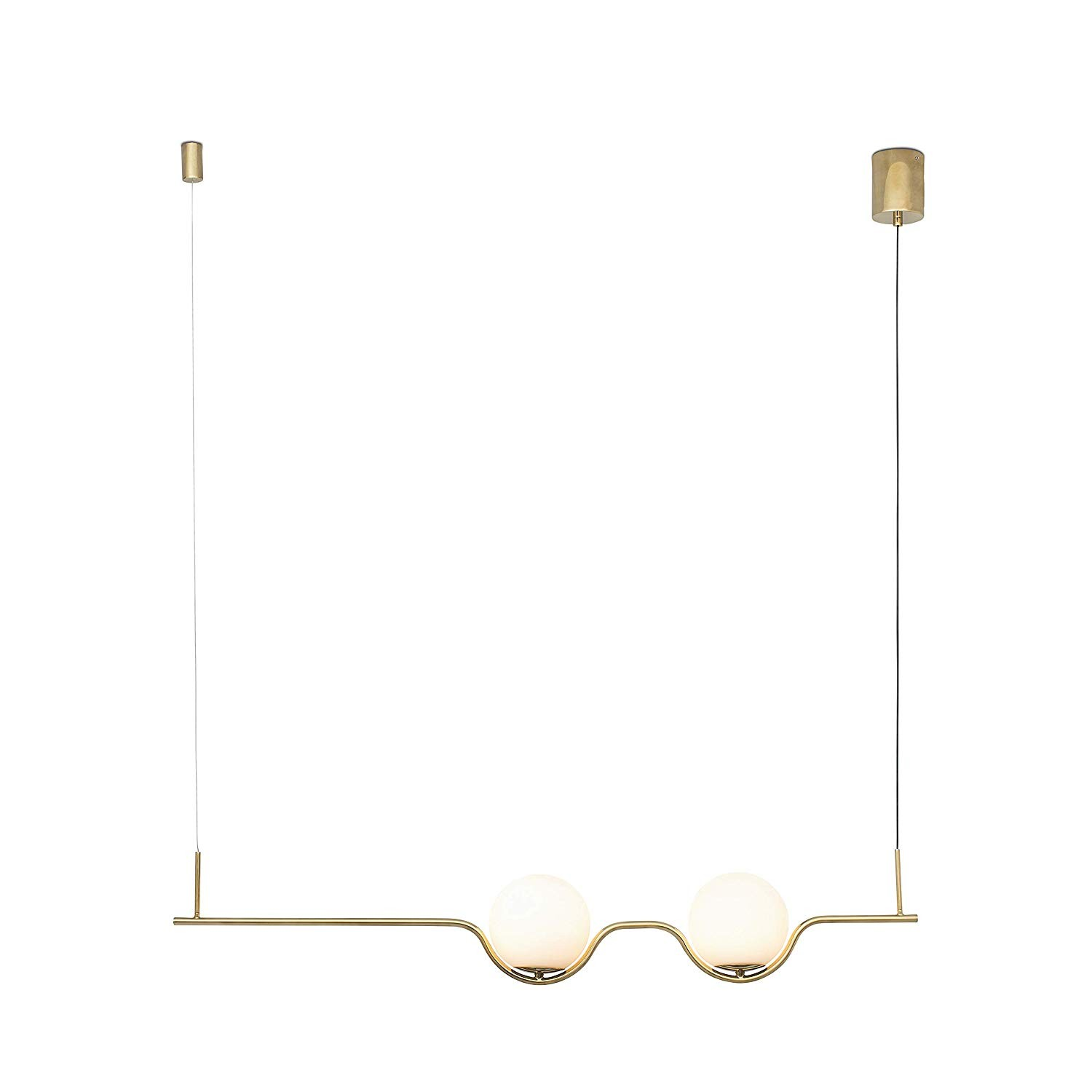 Un lampadario dorato con due luci rotonde è appeso a un soffitto bianco.