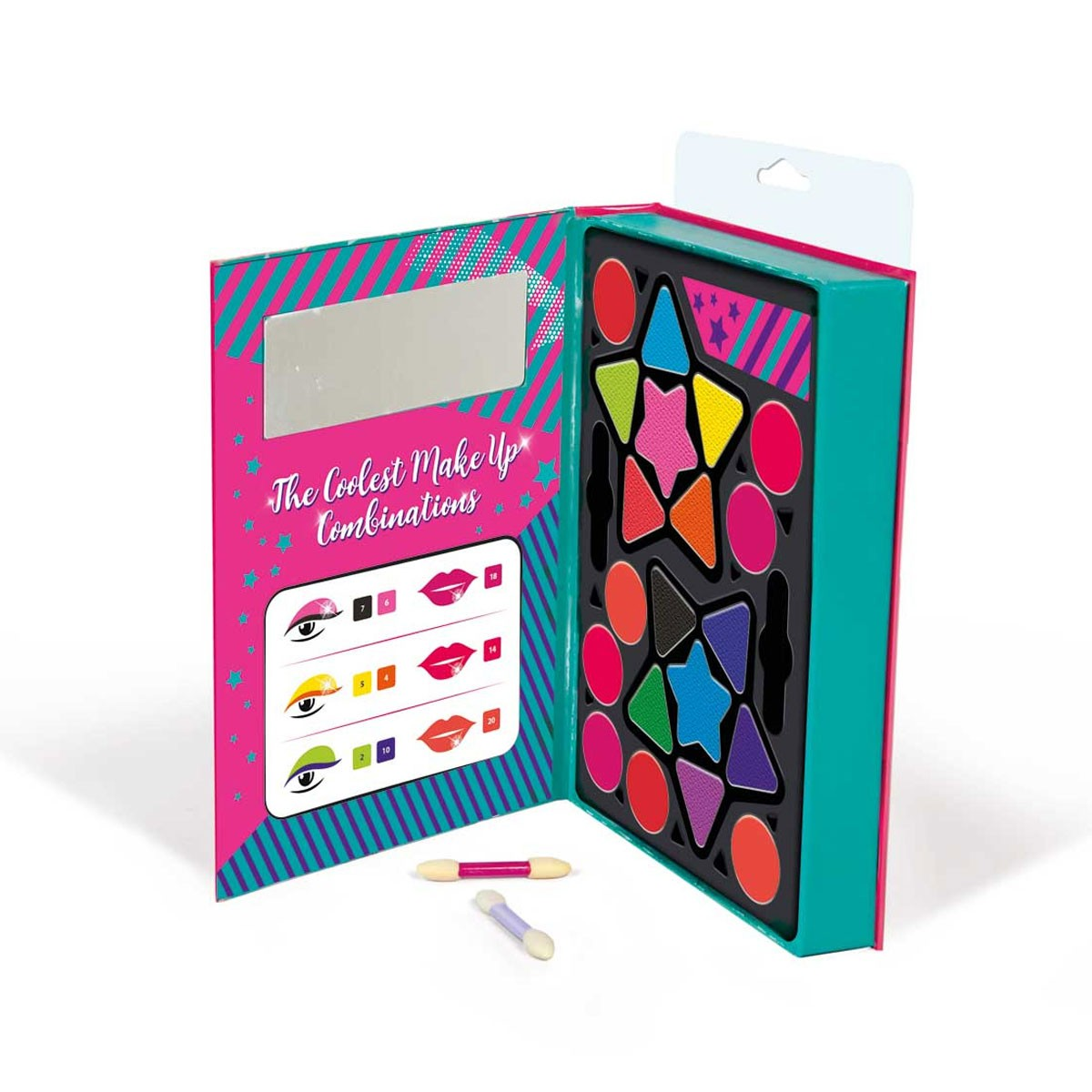 Otwarty zestaw do makijażu z różnymi kolorowymi cieniami do powiek, szminkami i aplikatorami. Zawiera lusterko i instrukcje.