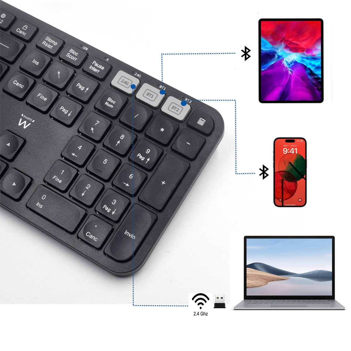 Schwarze Tastatur mit drahtlosen Verbindungen zu Tablet, Telefon und Laptop.