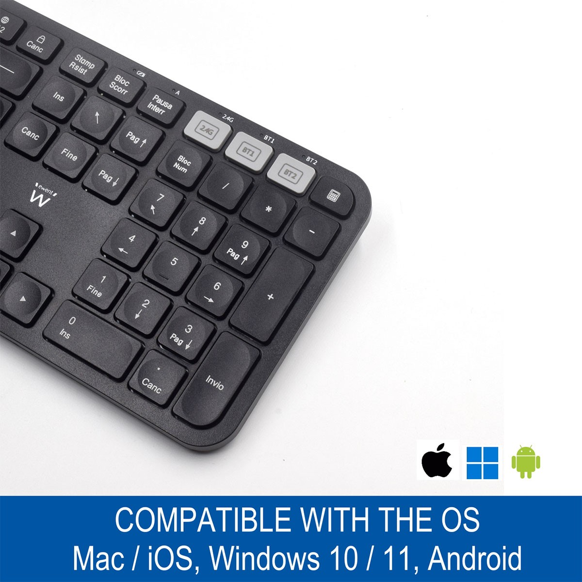 Schwarze Tastatur mit weißen Tasten. Hat die Logos von Apple, Windows und Android. Kompatibel mit Mac, iOS, Windows und Android.