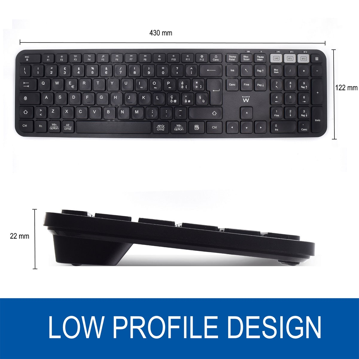Schwarze kabellose Tastatur. Abmessungen sind 430x122x22mm. Hat weiße Tasten und Zahlen.