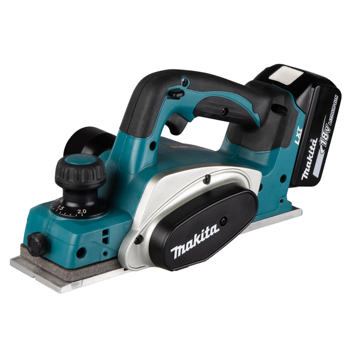 Pialla elettrica Makita. Verde acqua e nero. Ha una base argentata e un'impugnatura nera. C'è una batteria sul lato.