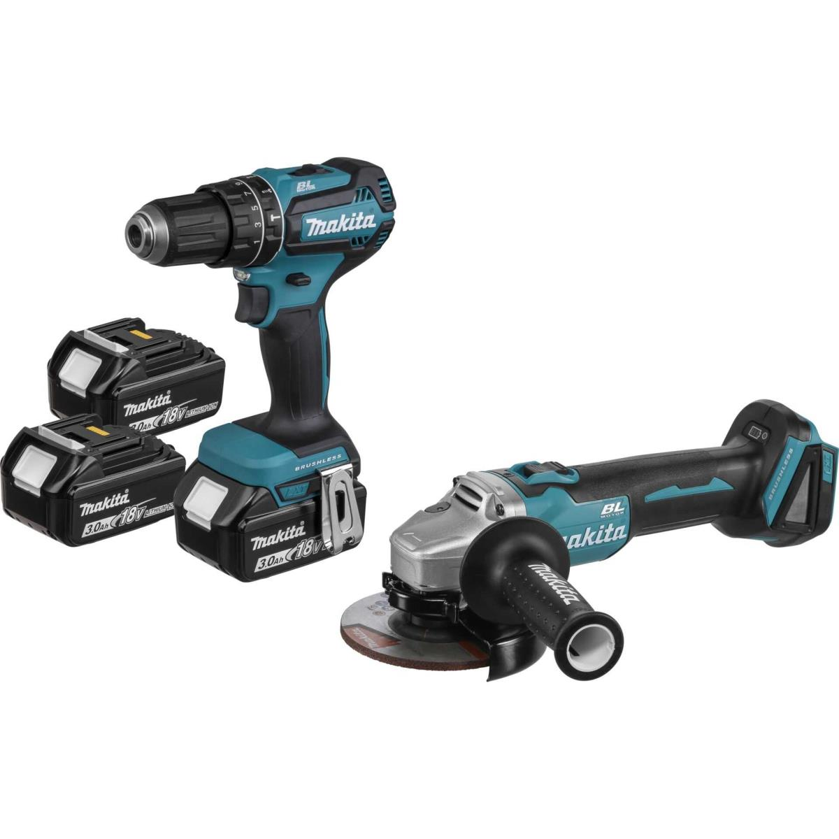 Trapano, smerigliatrice e batterie Makita.