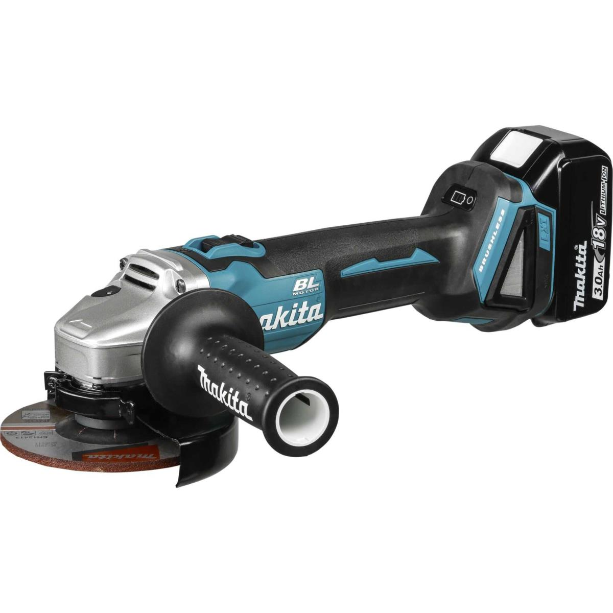 Smerigliatrice Makita, turchese e nera. Ha una maniglia nera e una mola argentata. Batteria collegata.