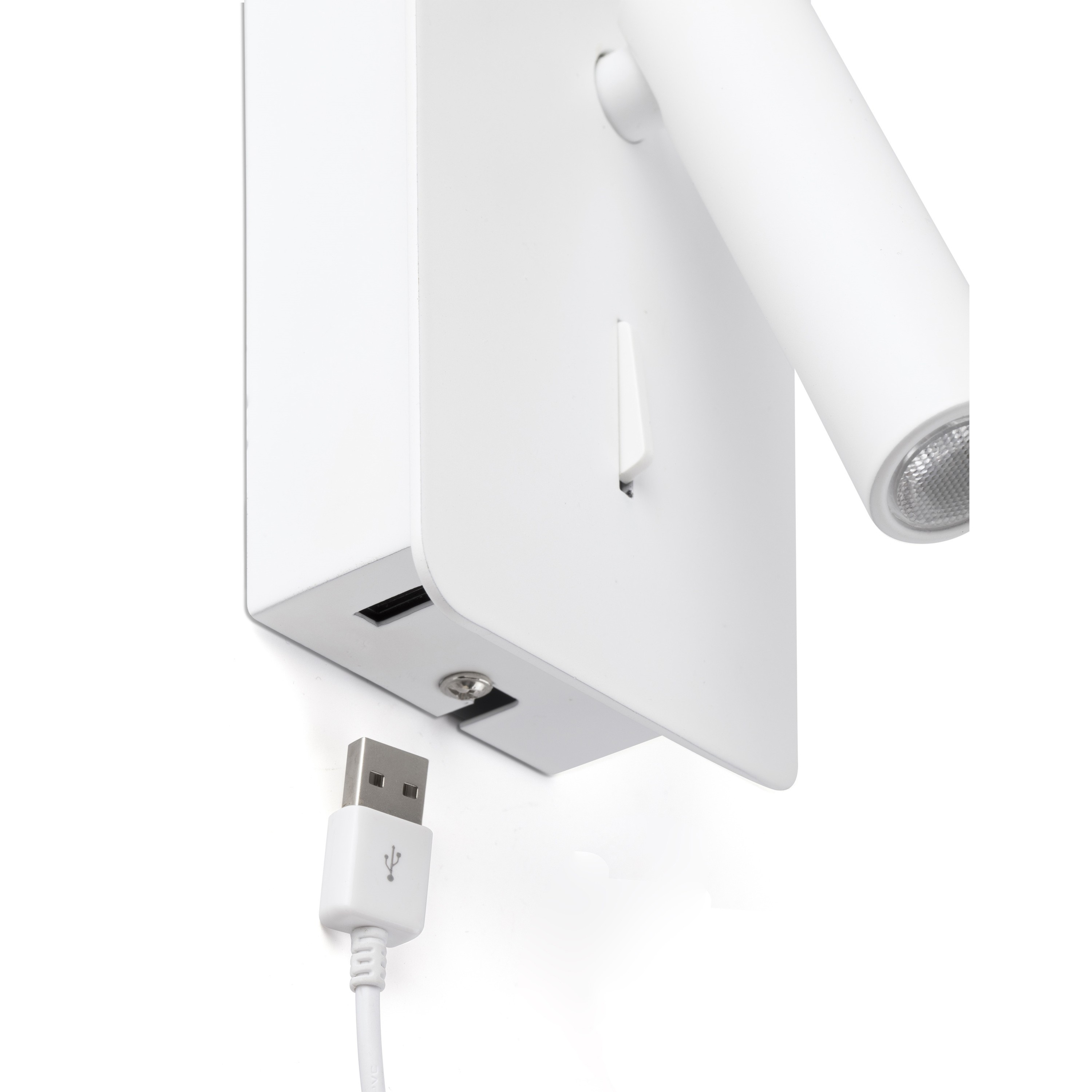 Una lampada da parete bianca con cavo USB e due porte USB, su sfondo bianco.