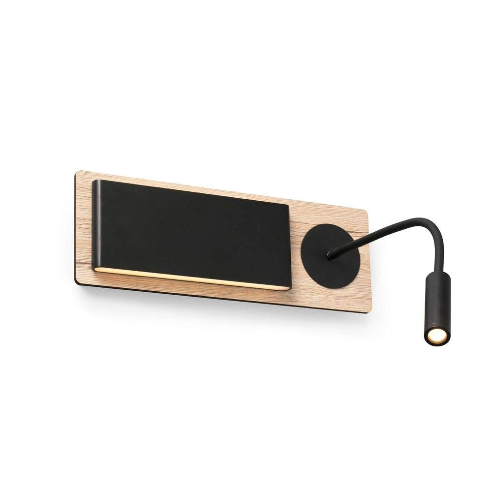Lampada da parete in legno con apparecchio di illuminazione rettangolare nero e luce nera regolabile.