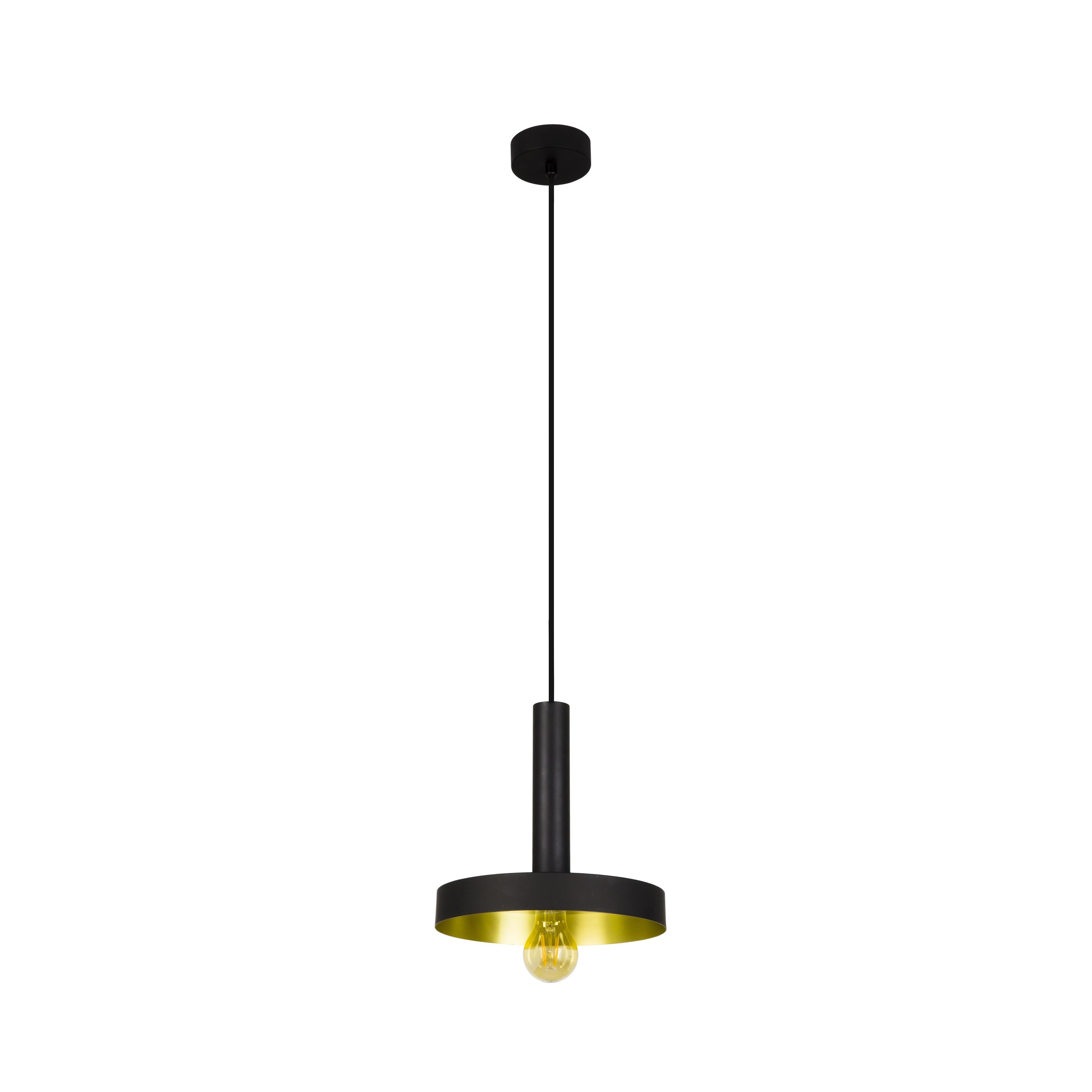 Lampada a sospensione nera con interno dorato e montaggio a soffitto nero, sfondo bianco.
