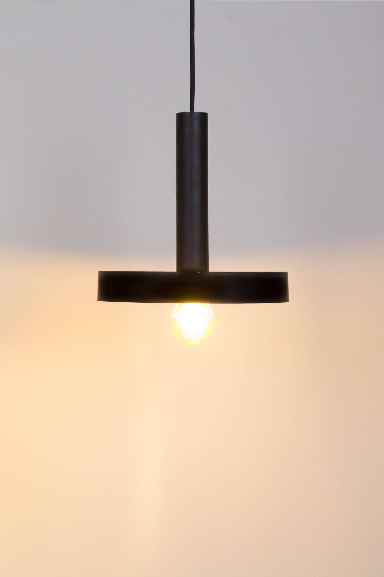 Lampada a sospensione nera con una singola sorgente luminosa. La luce è appesa al soffitto.