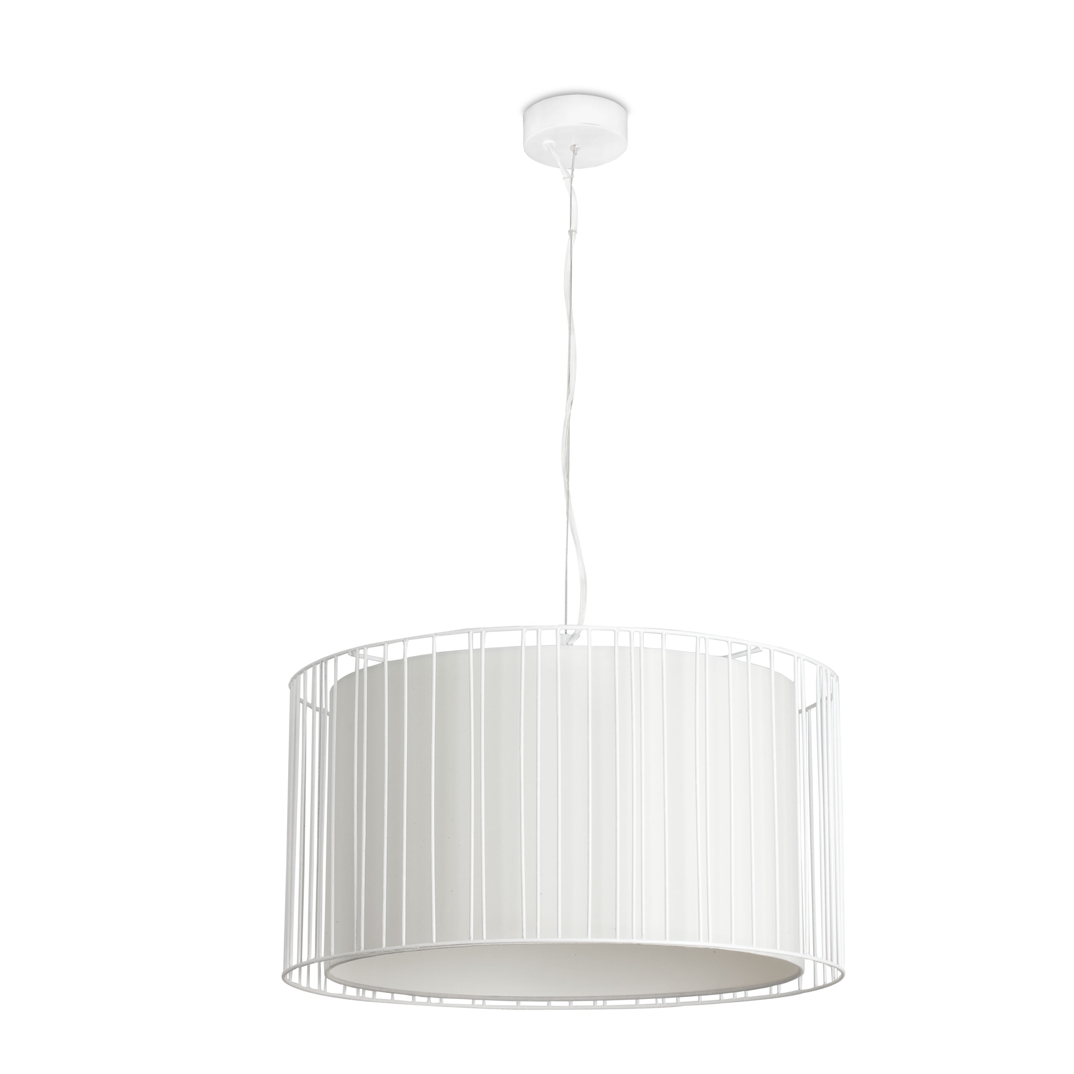 Lampada a sospensione bianca. Paralume cilindrico in tessuto bianco all'interno di una gabbia.