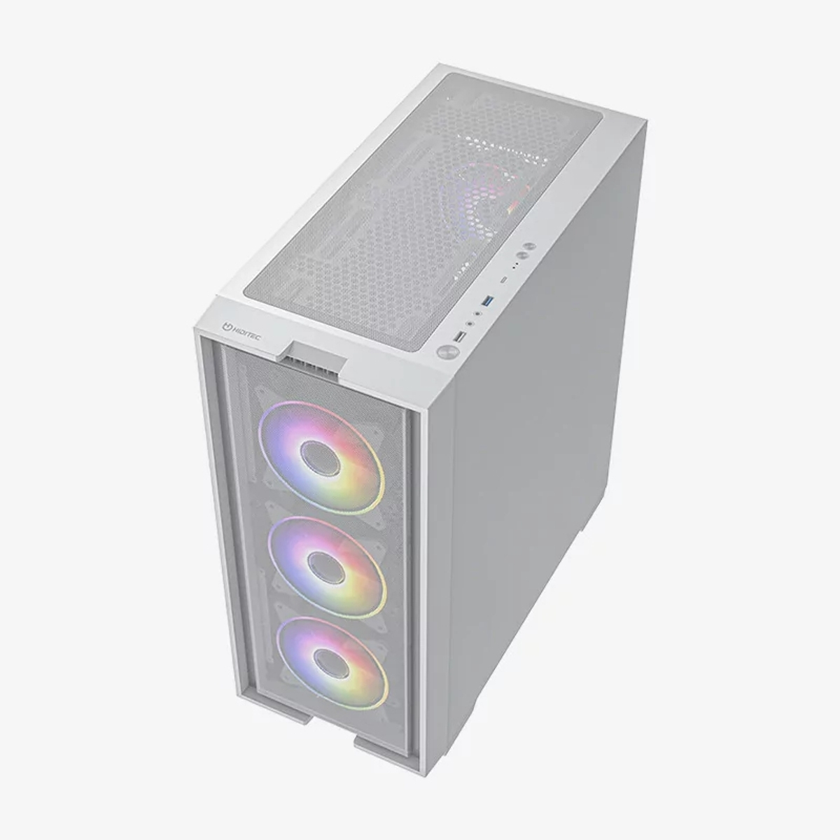 Un case per computer bianco con un frontale a rete e tre ventole con luci arcobaleno. Il case è angolato.