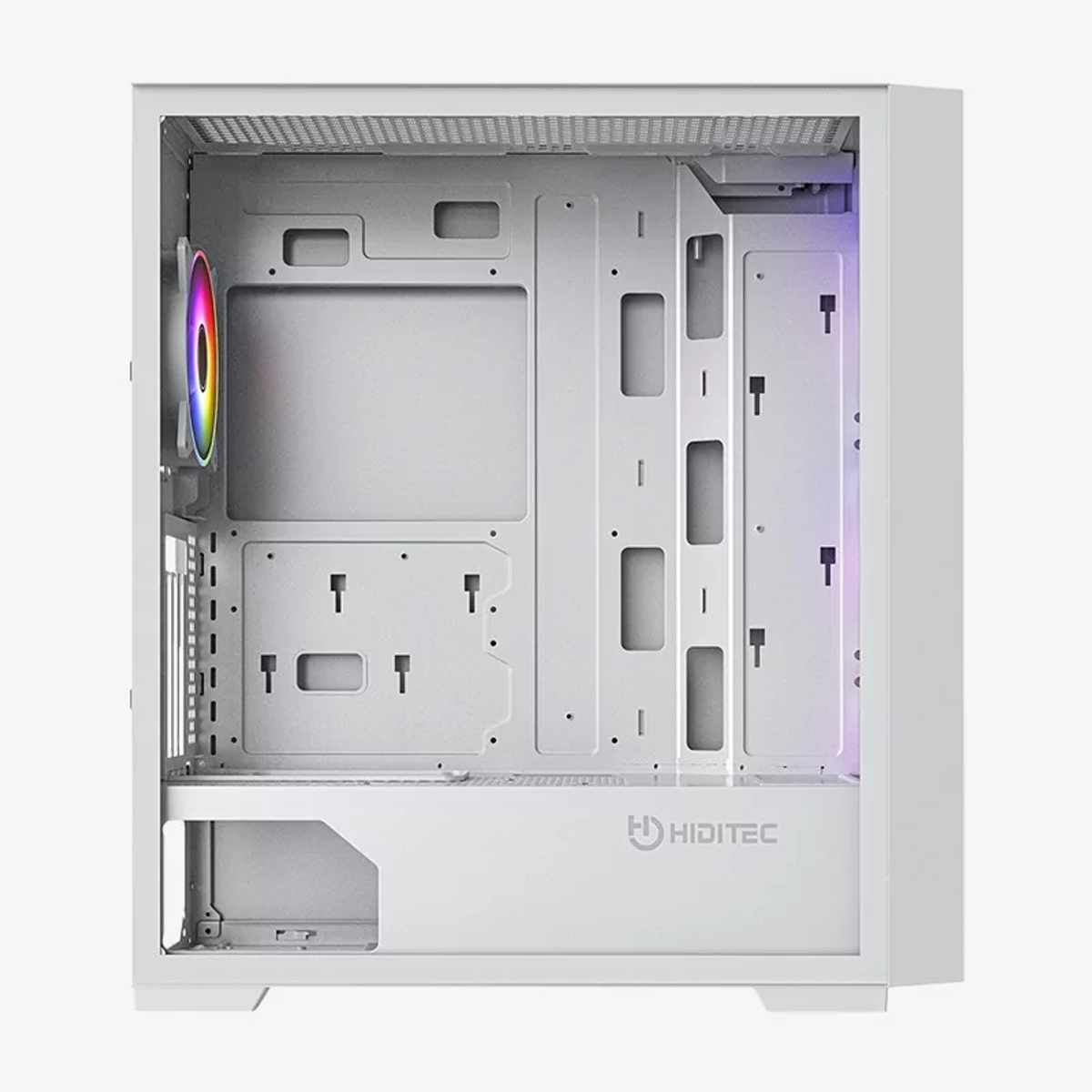 Interno di un case per computer bianco. Ha una ventola laterale con luci arcobaleno e un retro con ritagli.