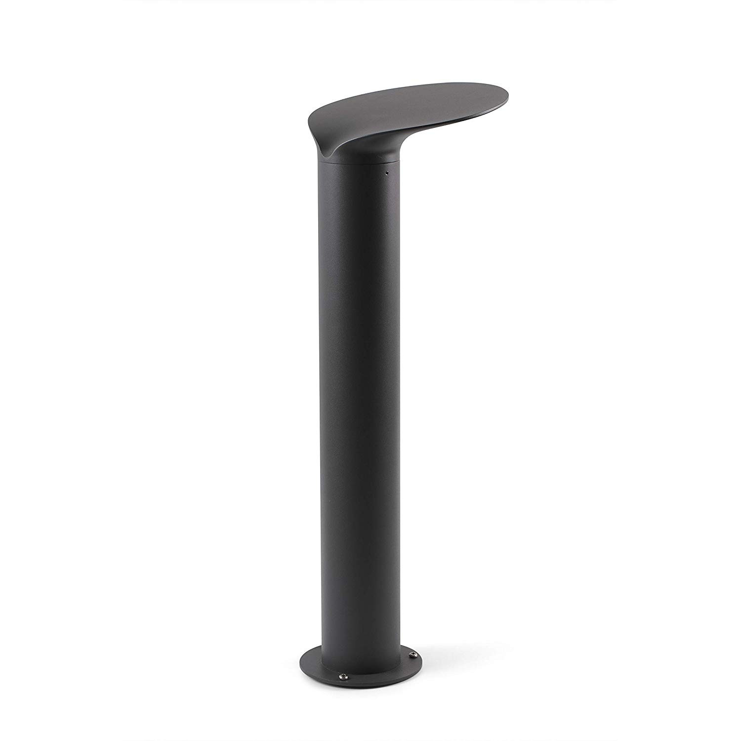 Palo lampada da esterno nero con base rotonda e parte superiore curva, su sfondo bianco.