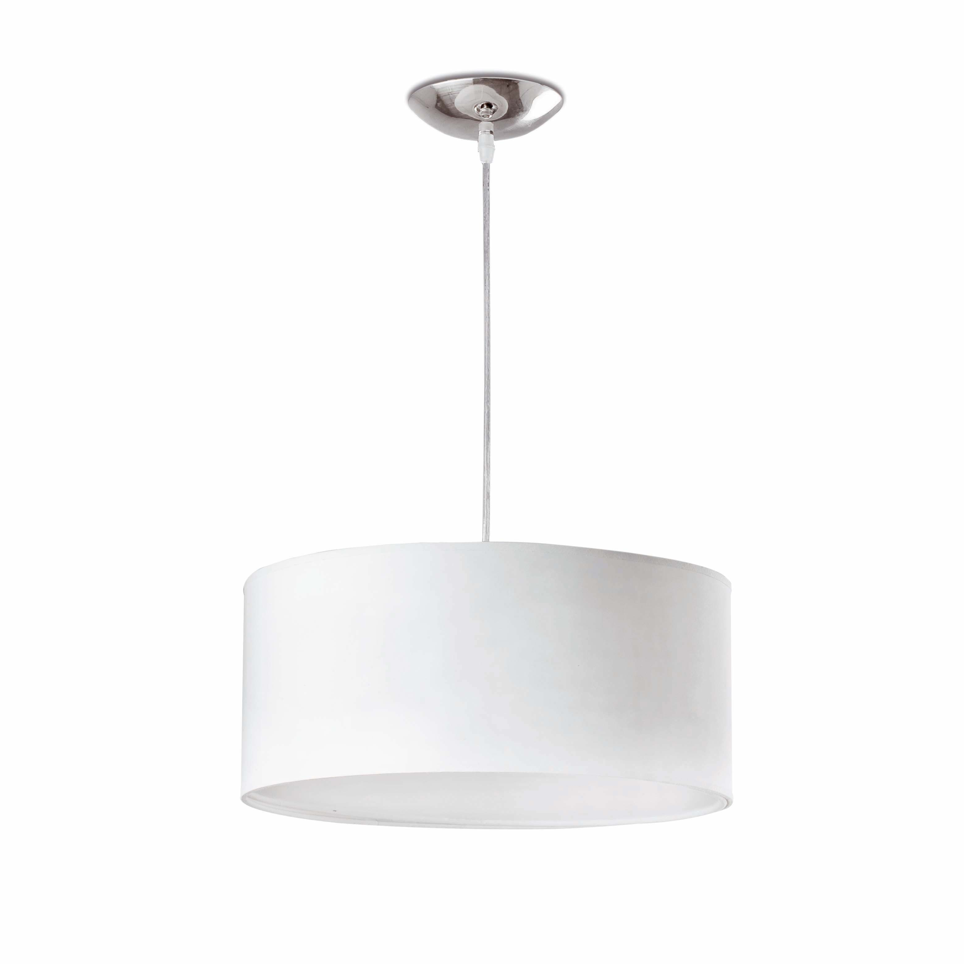 Lampada a sospensione cilindrica bianca appesa a un supporto a soffitto cromato.