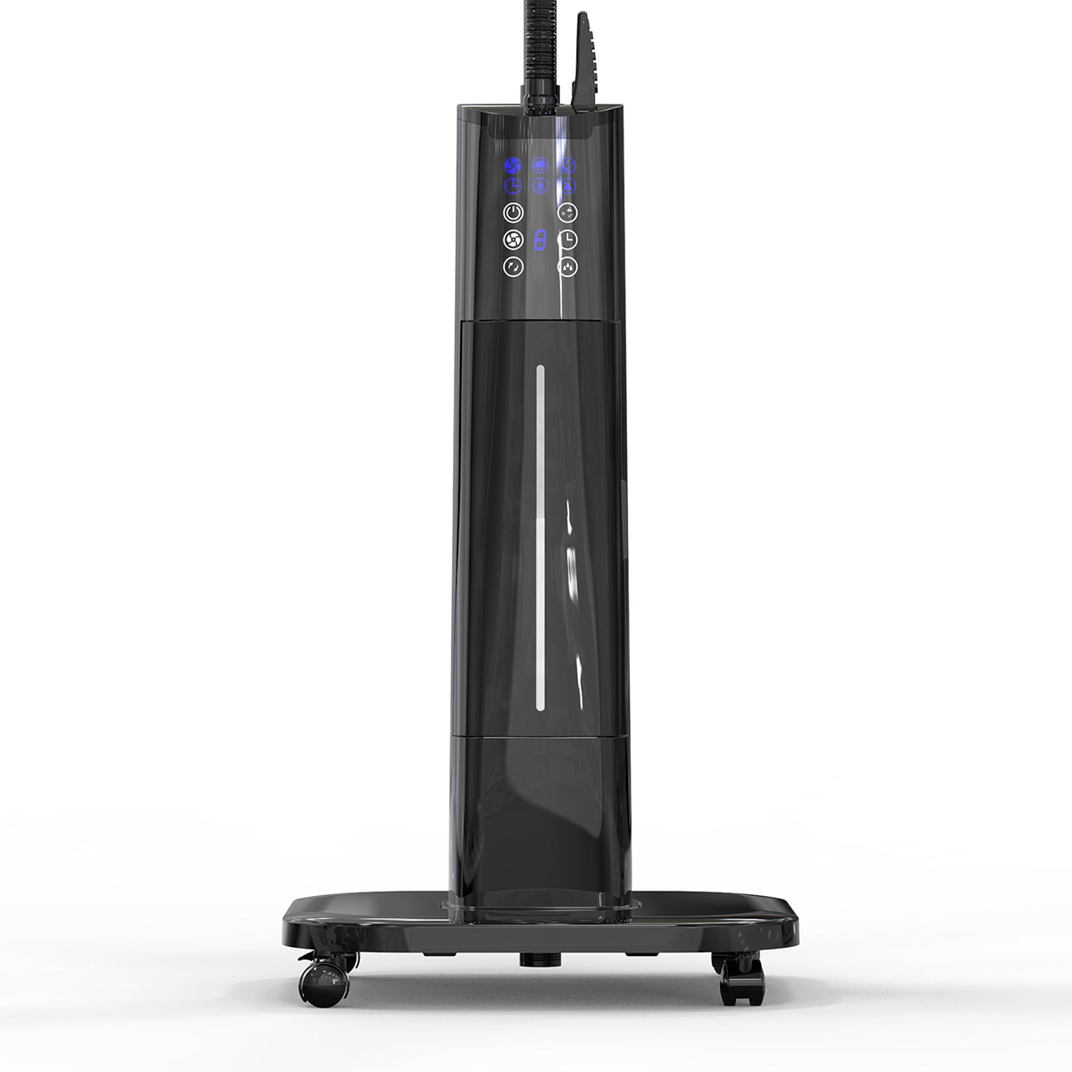 Czarny nawilżacz powietrza, podstawa z kółkami. Białe tło.