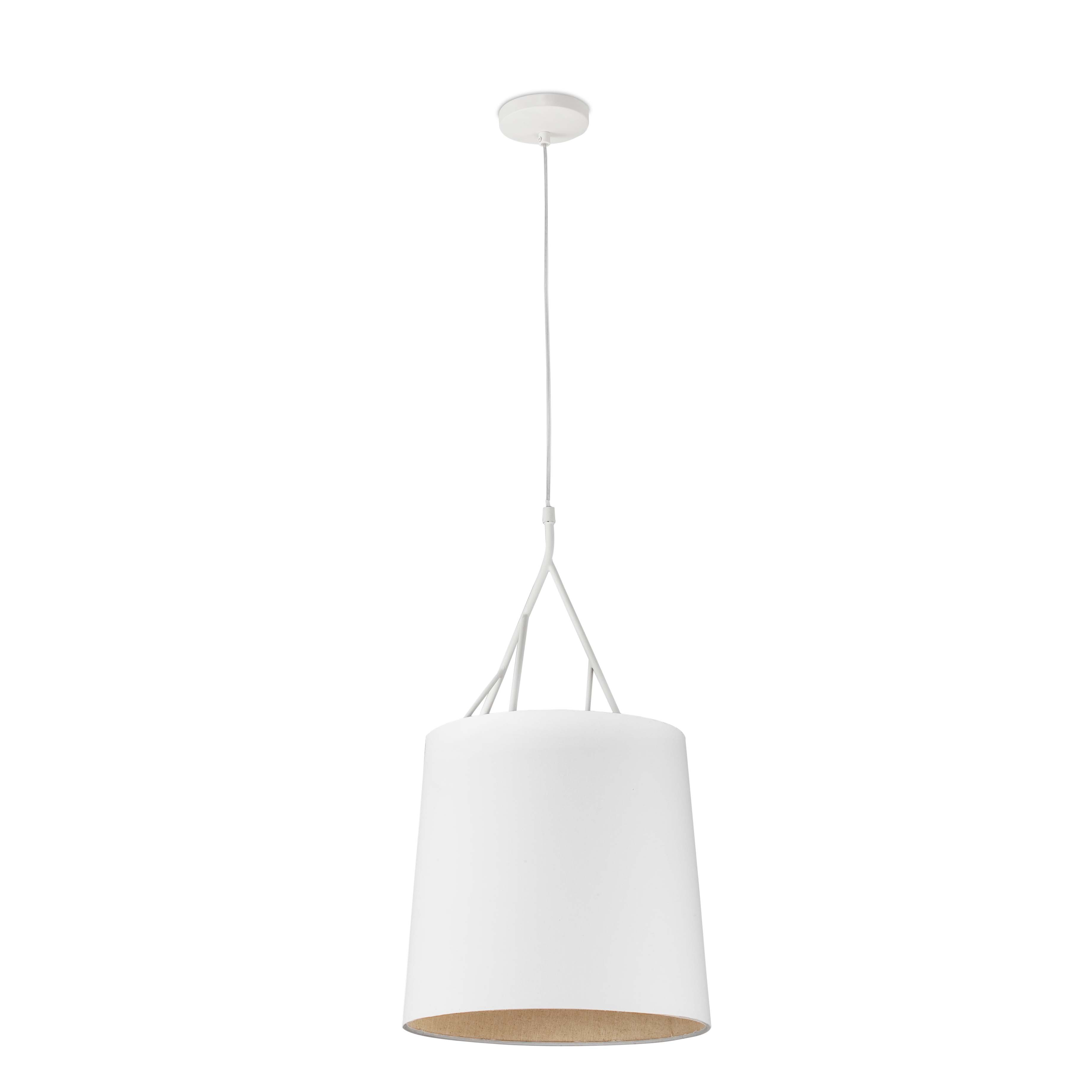 Lampada a sospensione bianca con base bianca e paralume cilindrico bianco con interno marrone.