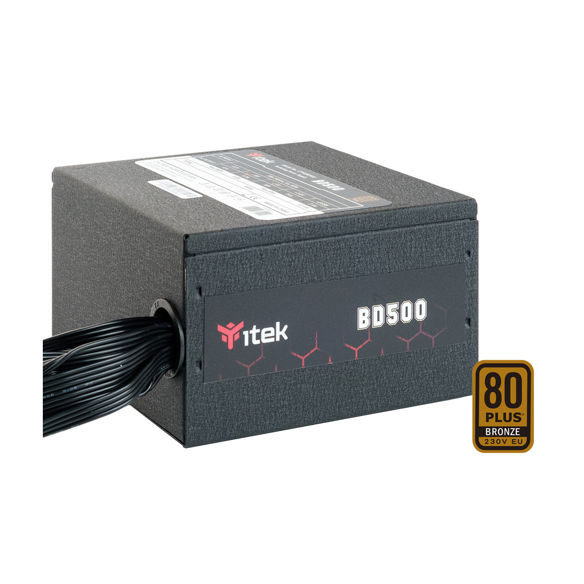 Alimentatore nero con il testo BD500.  È presente l'etichetta 80 Plus Bronze.