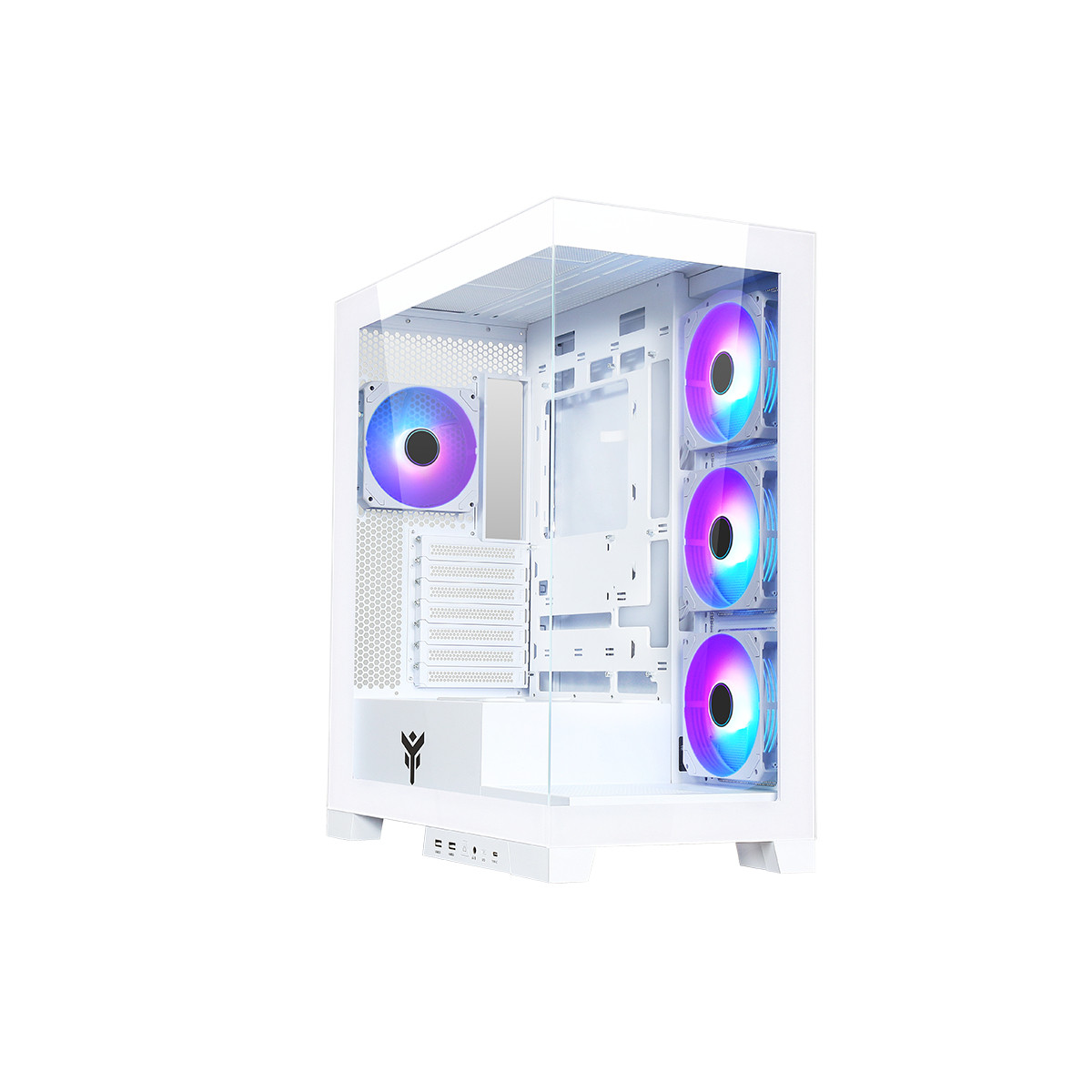 Case per computer bianco con ventole. Le ventole hanno luci colorate all'interno.