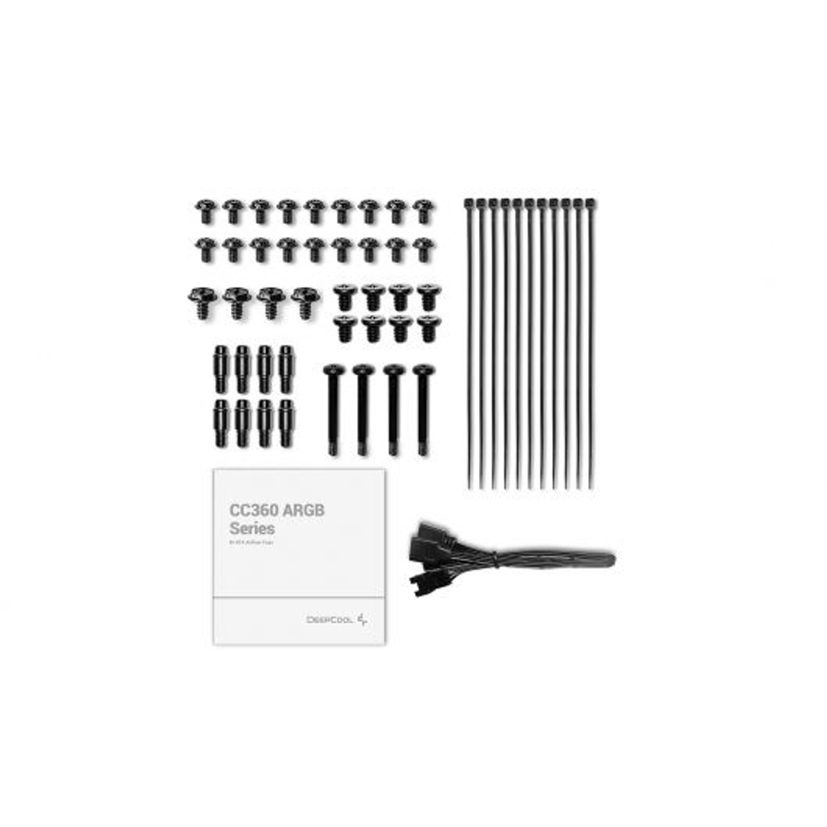 Komponenty komputera: śruby, opaski zaciskowe, małe pudełko i wiązka kabli, wszystko na białym tle.