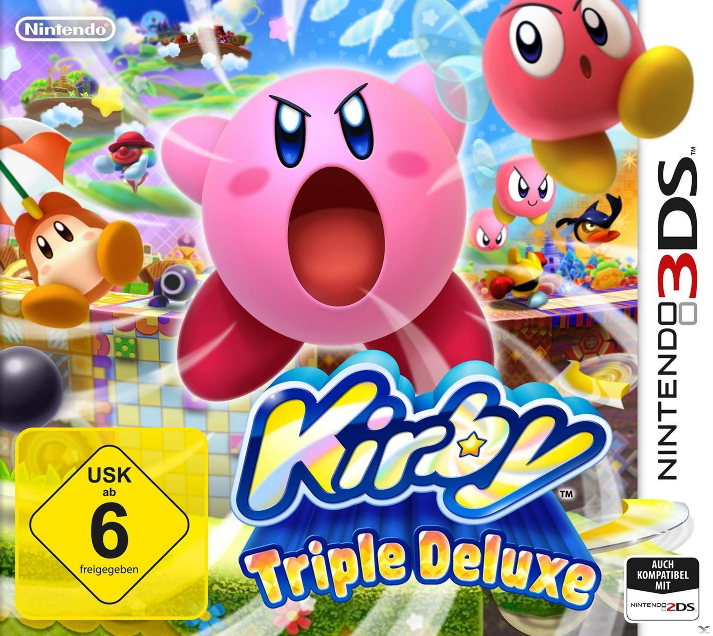 Spielcover für Kirby Triple Deluxe. Kirby ist rosa mit offenem Mund. Der Hintergrund ist bunt.